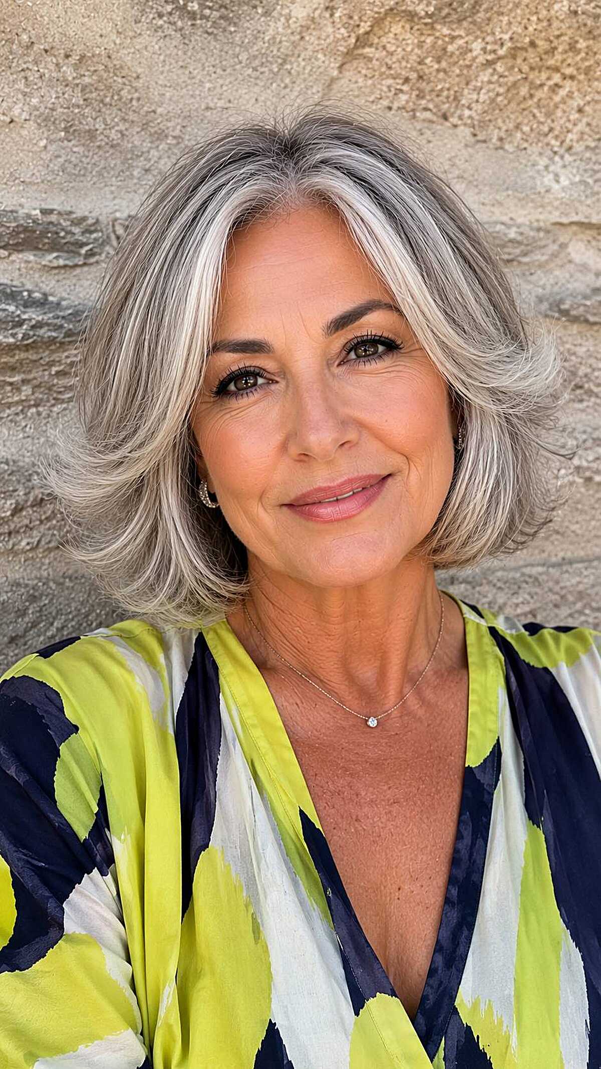 Silver and ash blonde chin bob with soft wave