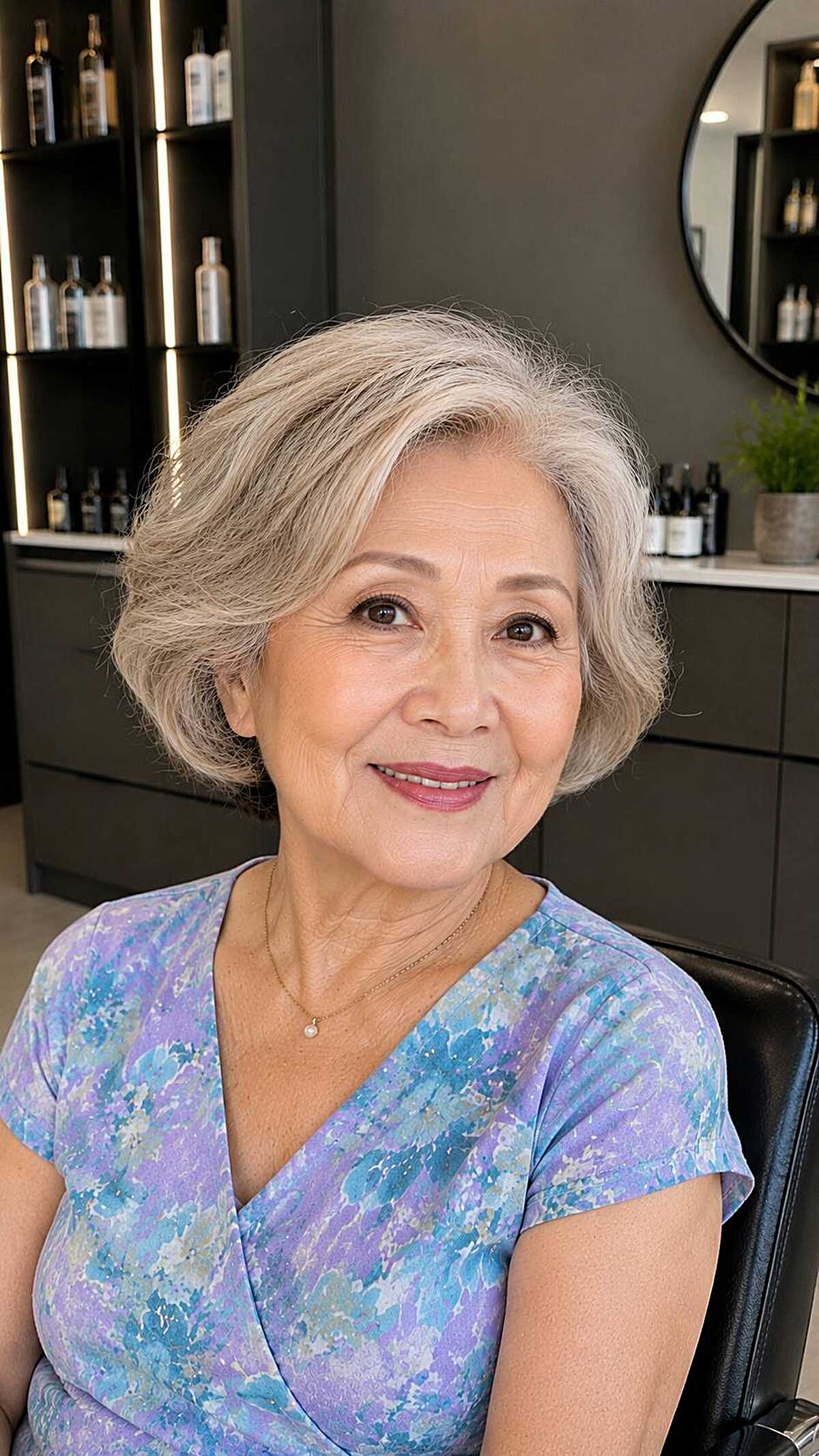 Chin-length silver blonde bob with side wave