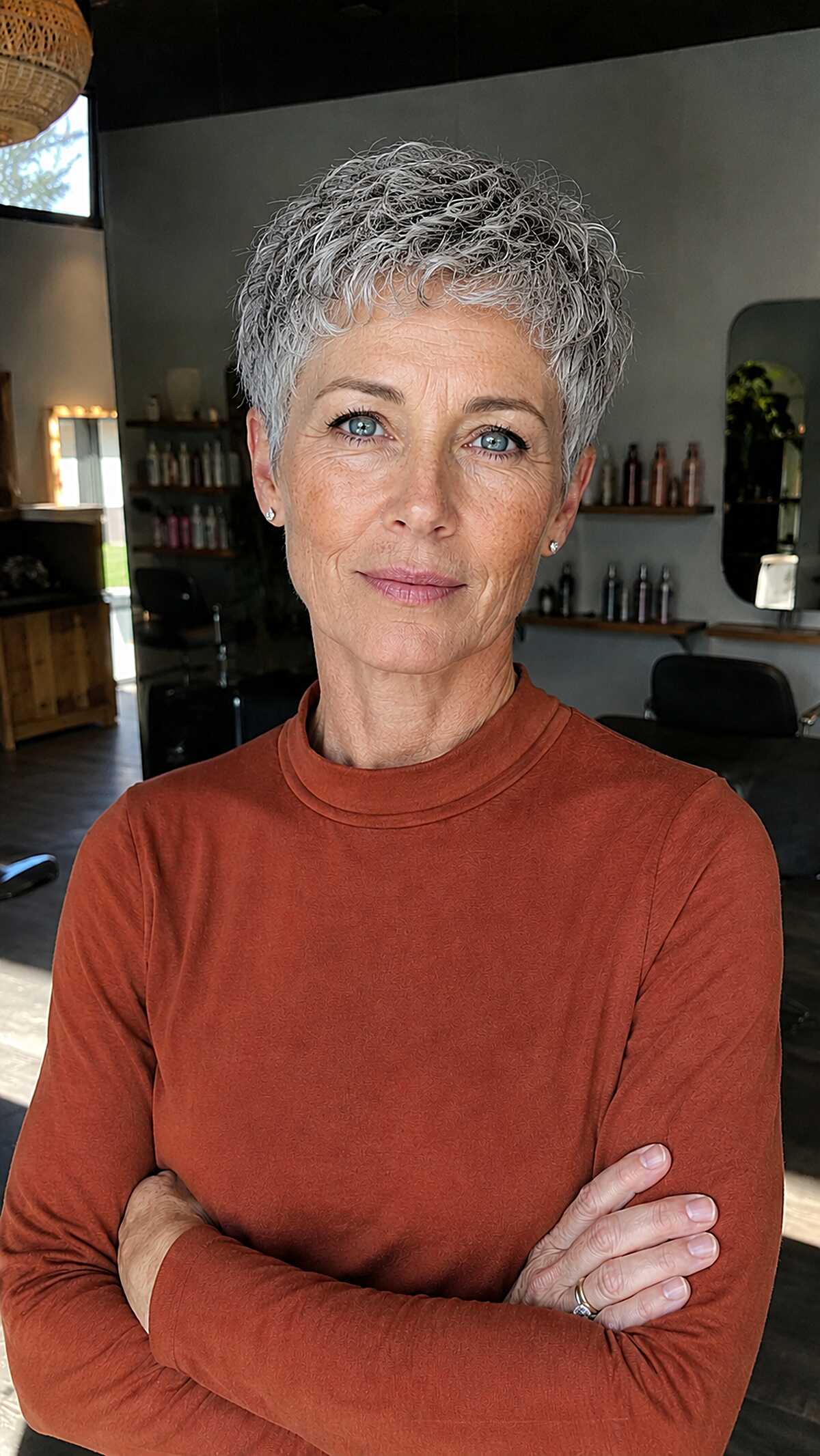 Silver curly close-cropped pixie on woman with blue eyes
