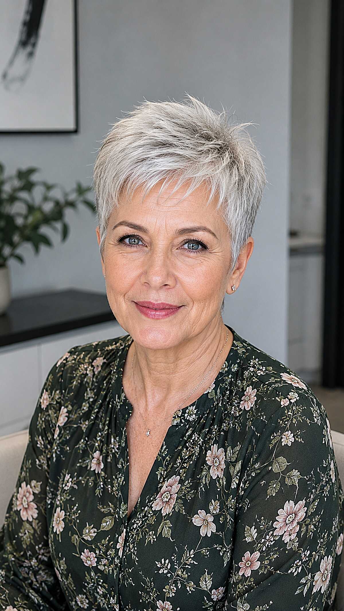 Silver white feathered pixie cut with spiky texture over 50
