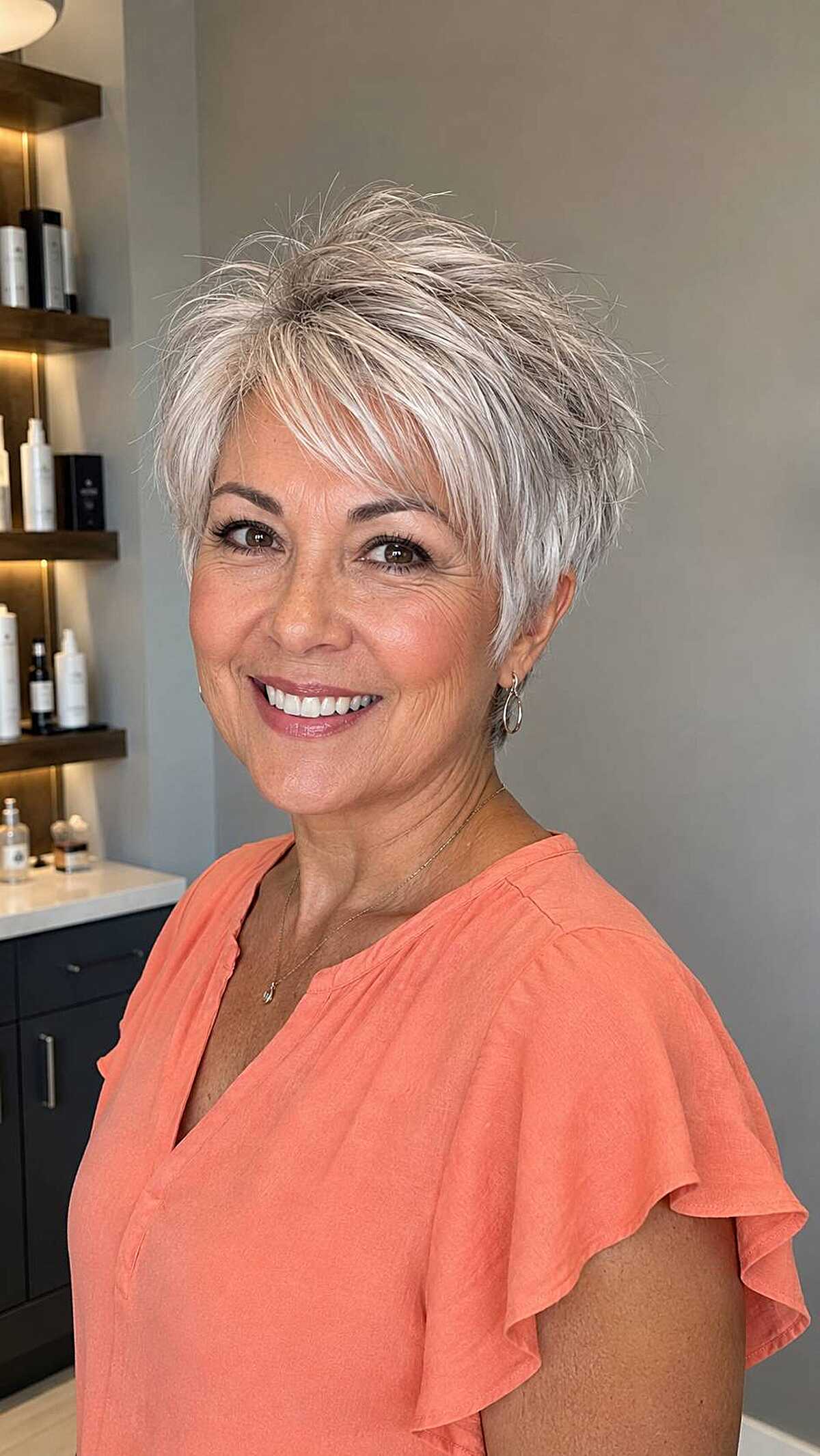 Textured silver pixie cut with volume at the crown