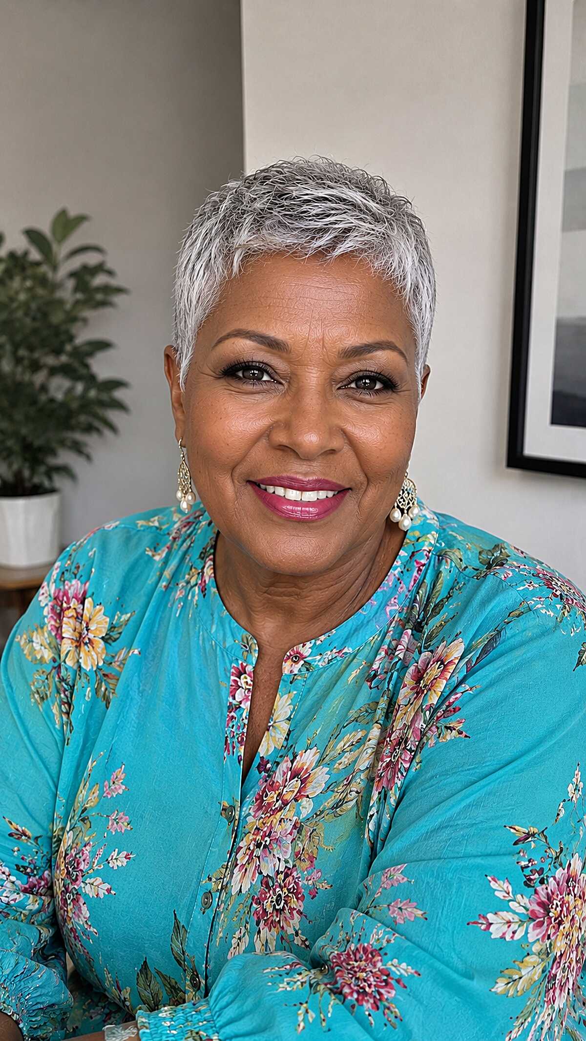 Silver gray wavy pixie on woman with pearl drop earrings