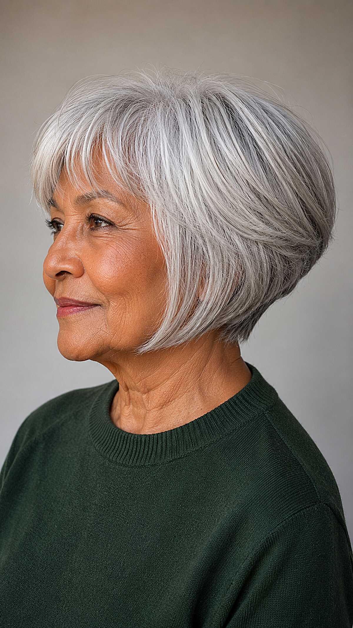 Gray A-line bob with soft wispy fringe bangs