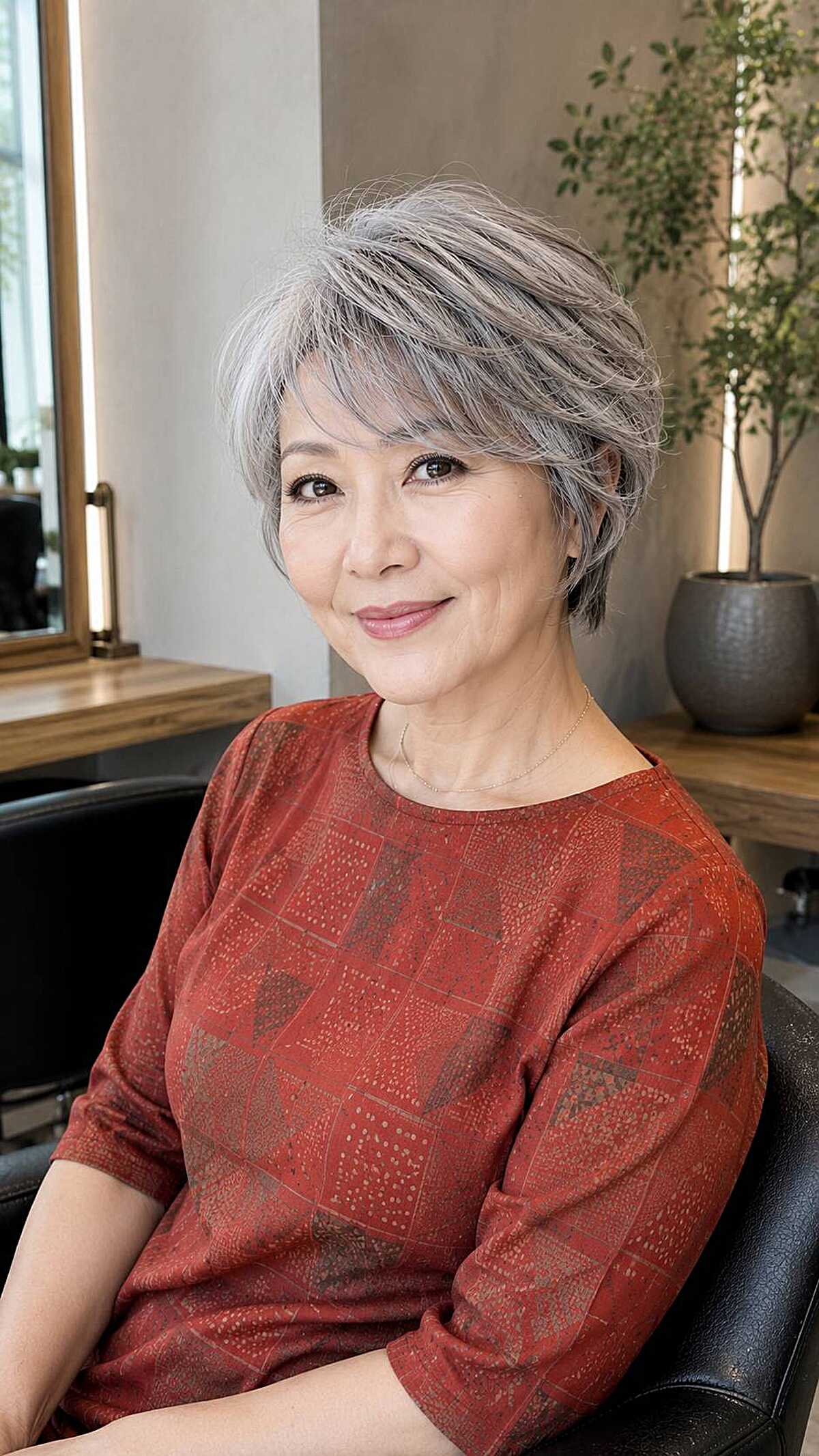 Silver pixie cut with long side-swept fringe in salon