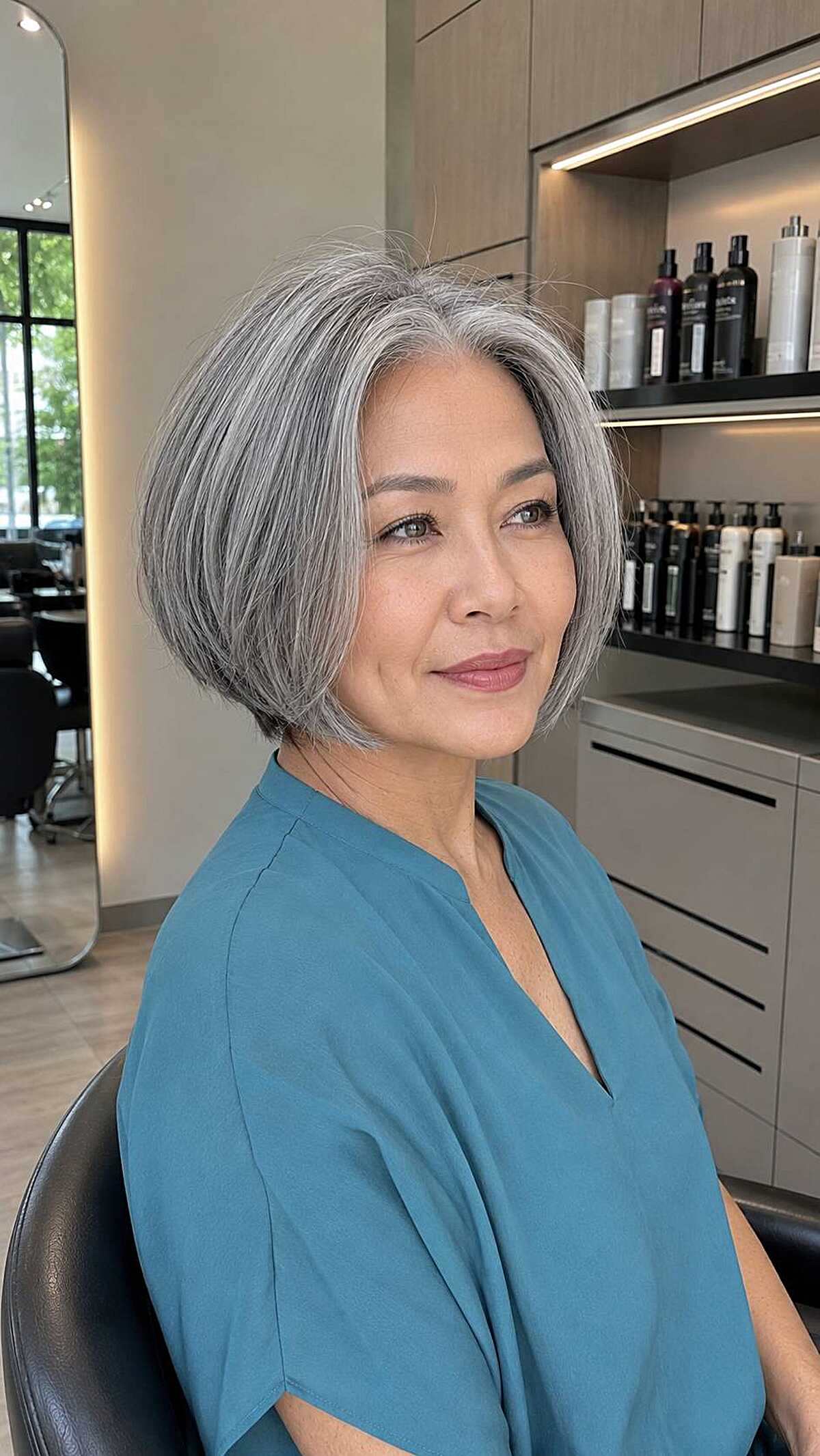 Rounded steel gray bob at chin length in salon