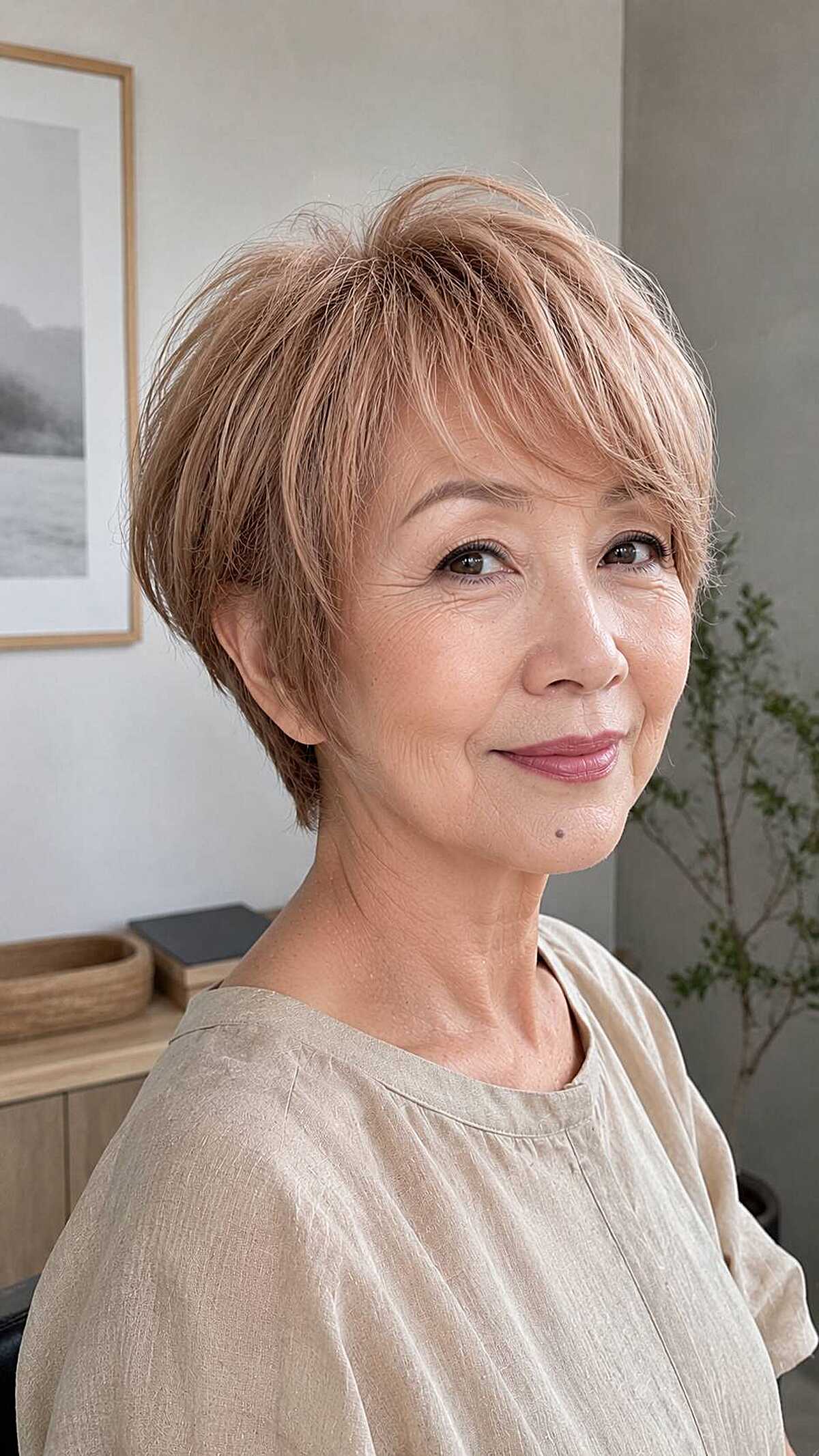 Soft strawberry blonde pixie with feathered layers