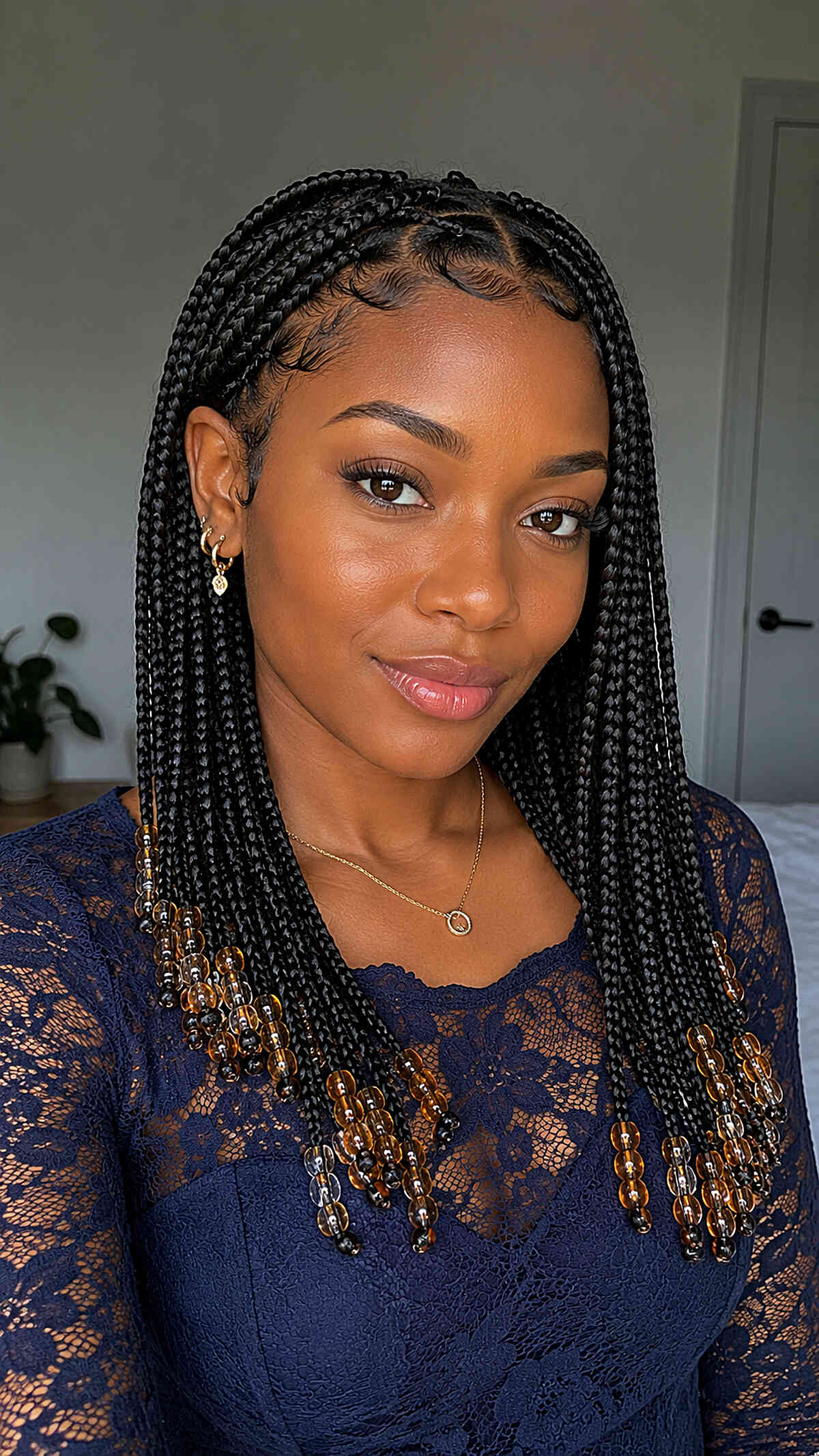 Stylish Medium Length Knotless Braids with Beads