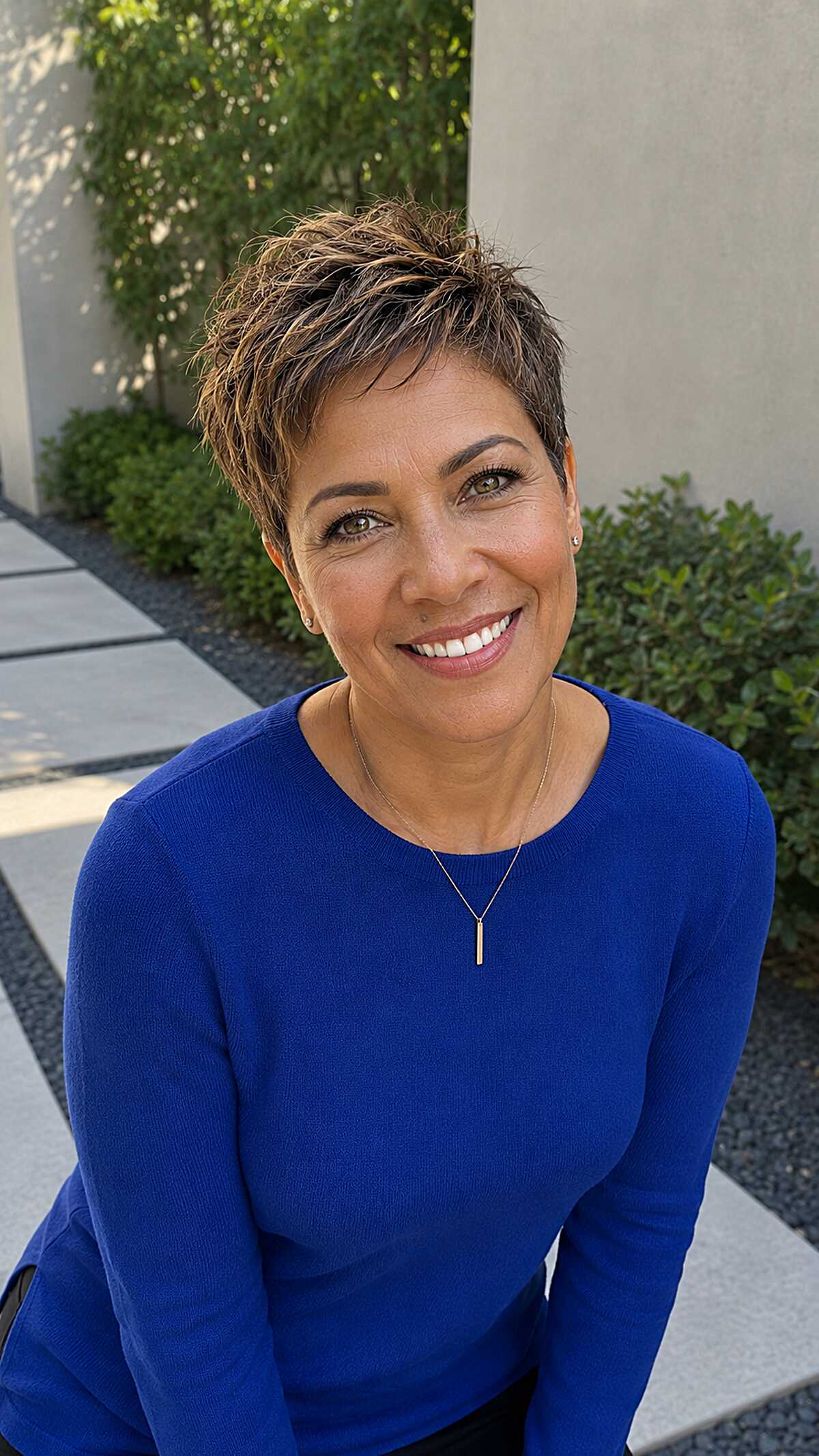 Tousled brunette pixie with golden highlights over 50