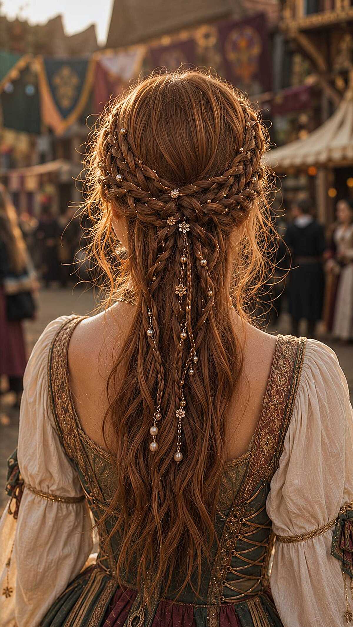 Auburn half-up braids with pearl dangles at a ren faire