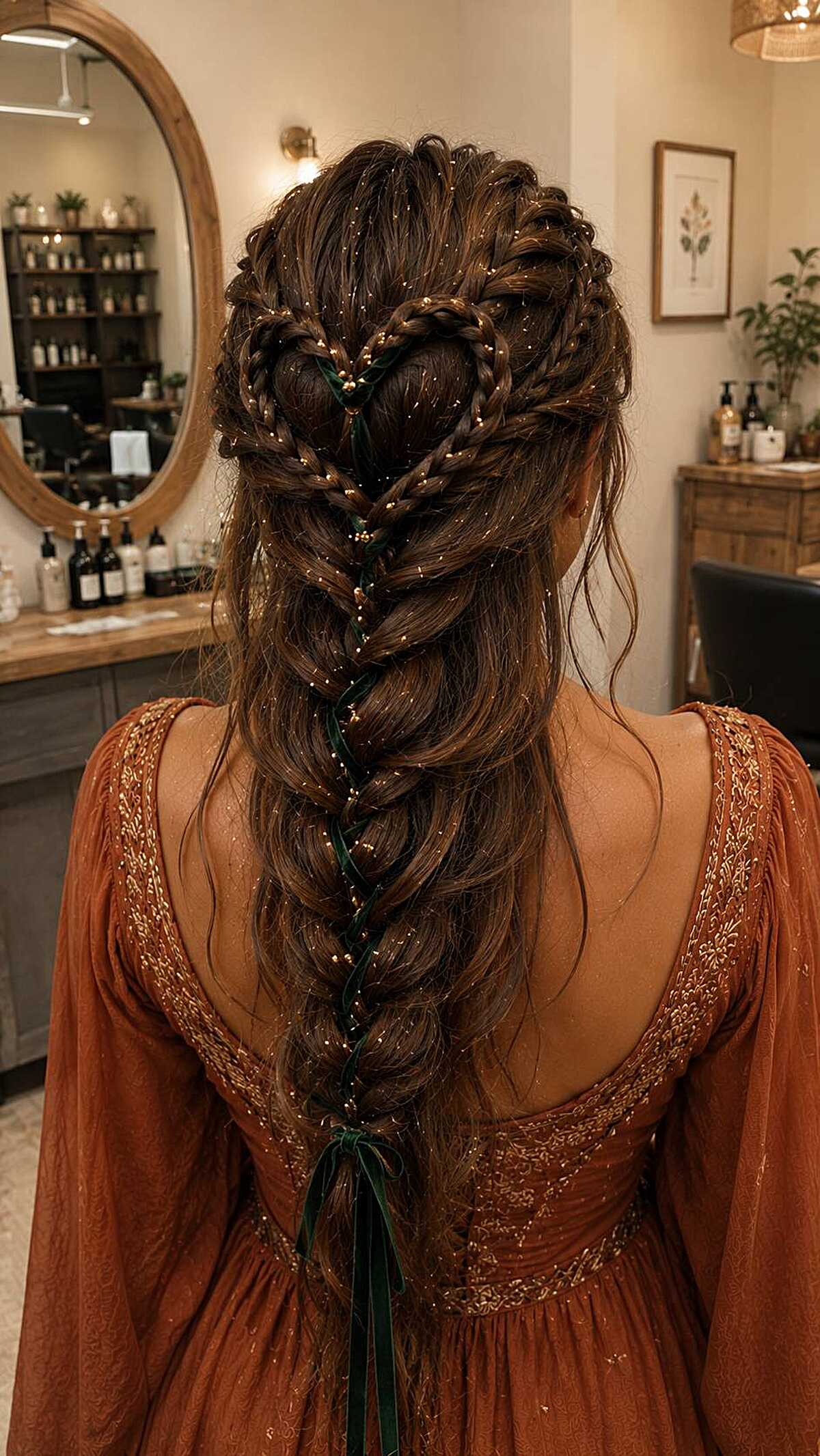 Brown hair with heart-shaped braid flowing into fishtail