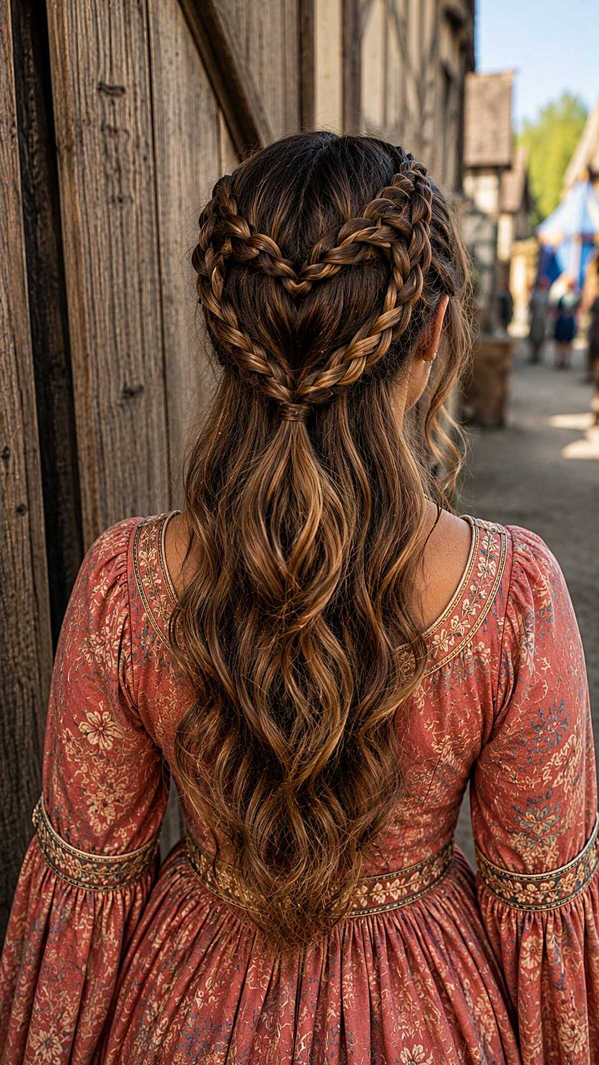 Brown hair with heart-shaped braid and soft wavy lengths