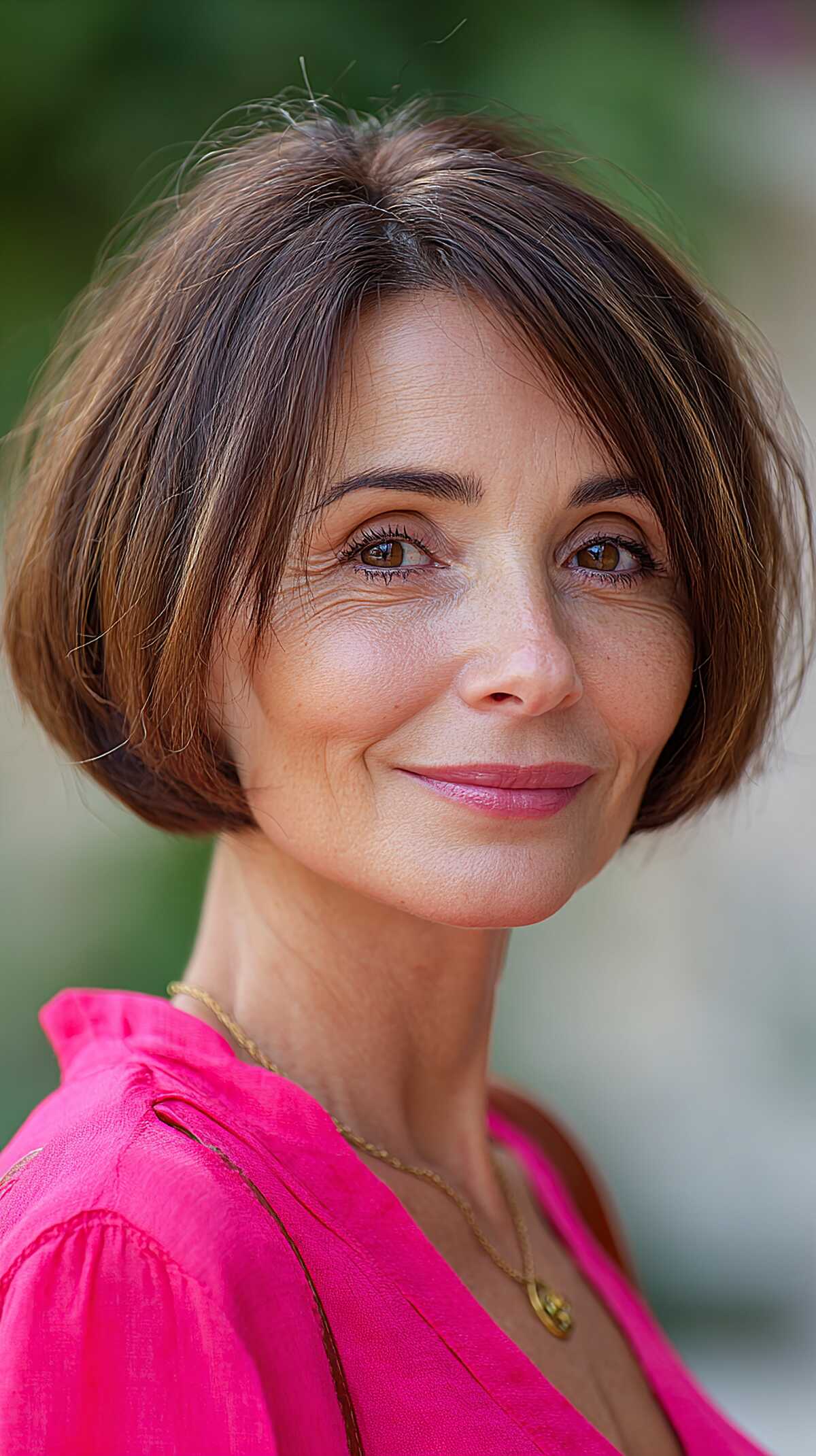 Textured Brunette Ear-Length Bob with Caramel Ribbons