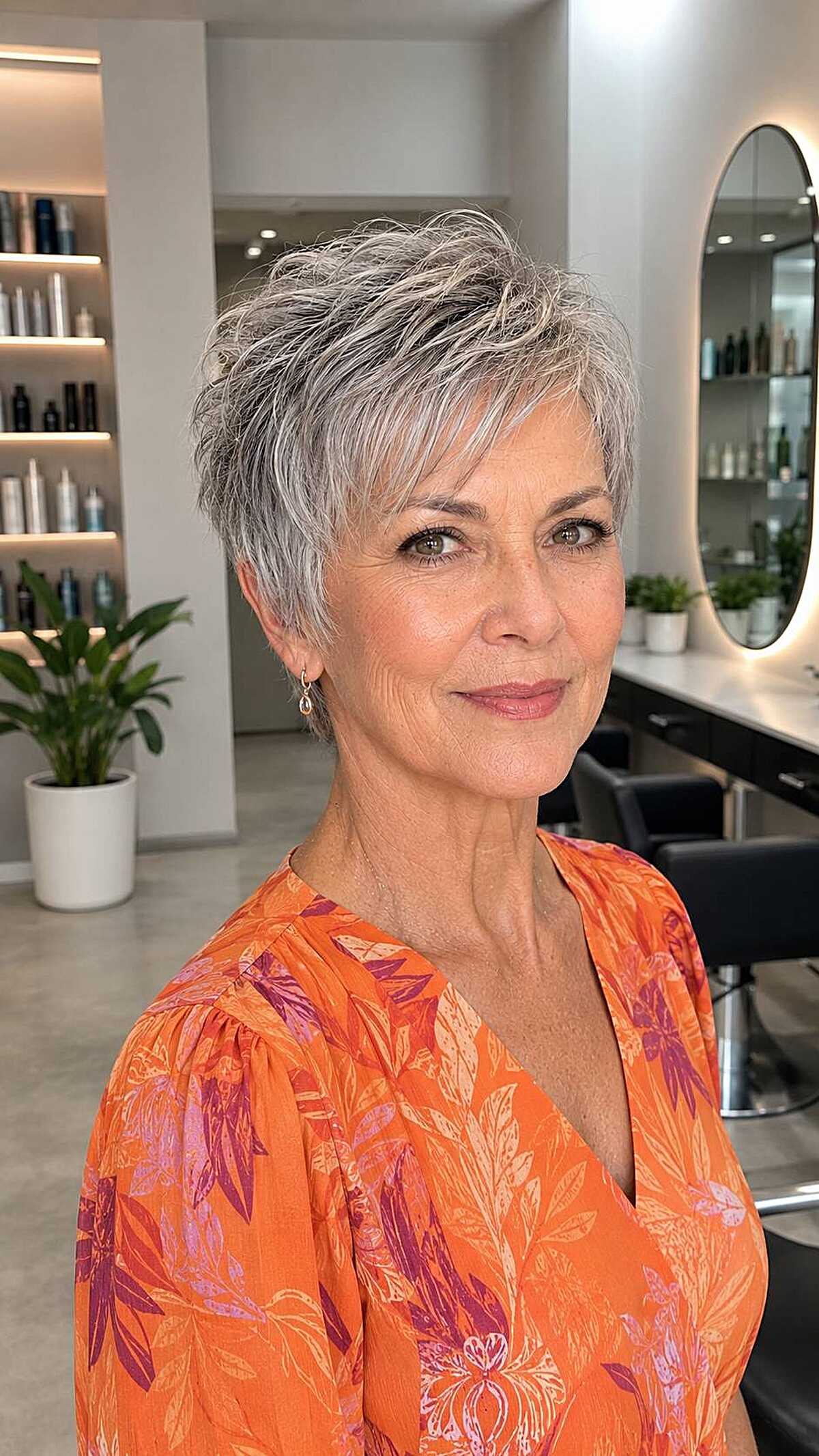 Short gray pixie cut with textured volume on top
