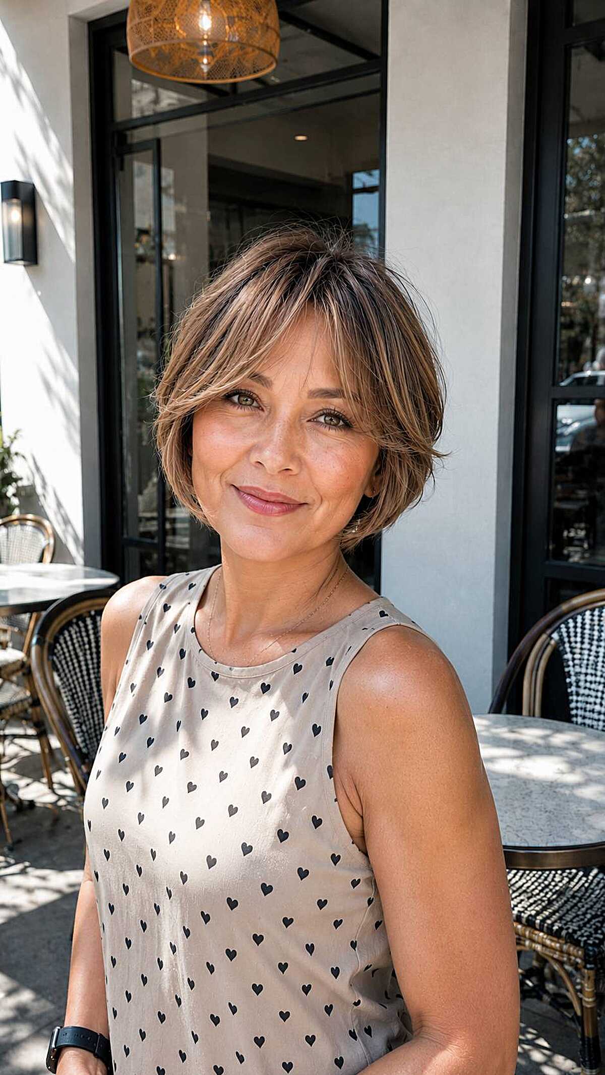 Textured short bob with golden brown highlights at cafe