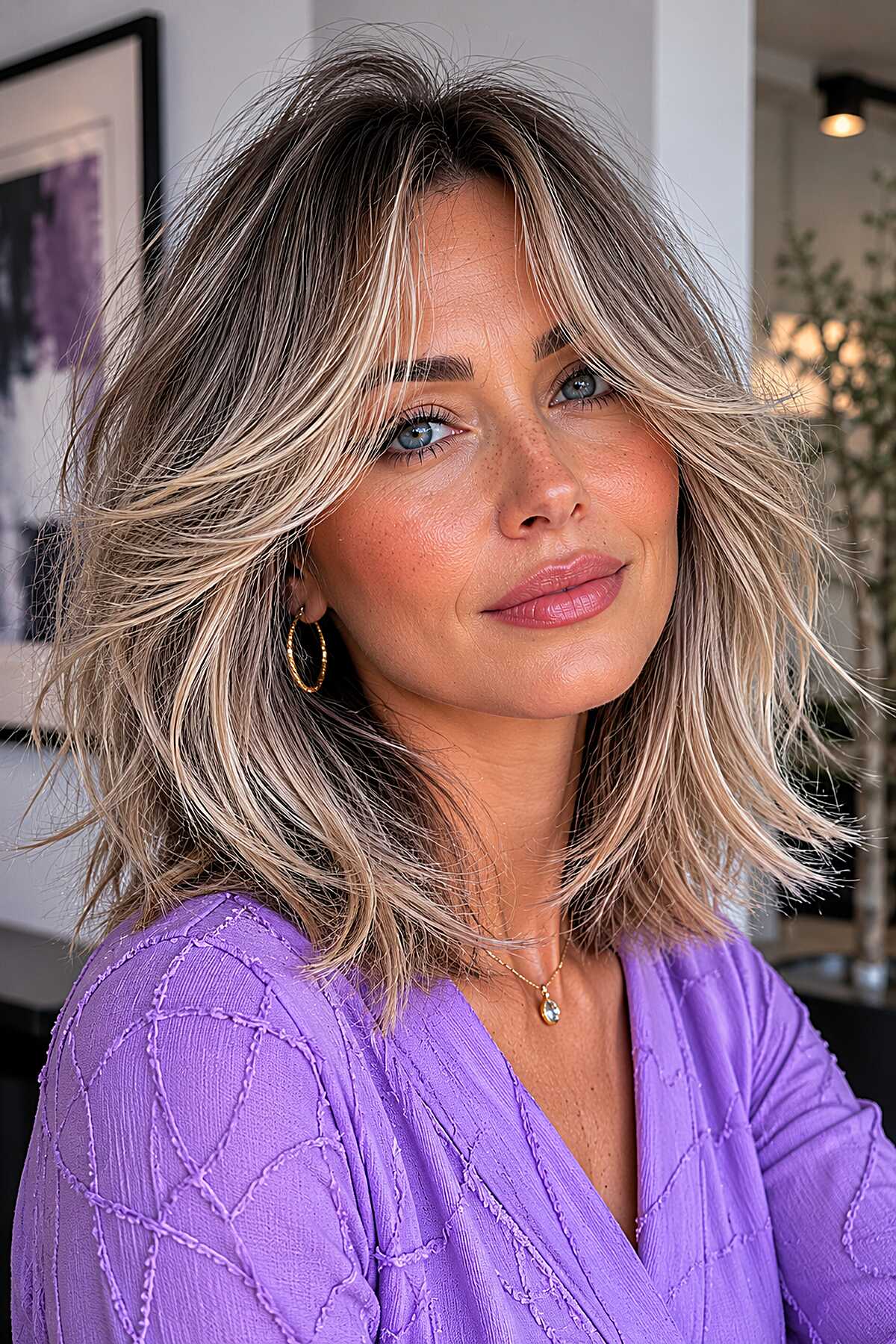Tousled Bronde Shag Lob with Choppy Interior Layers