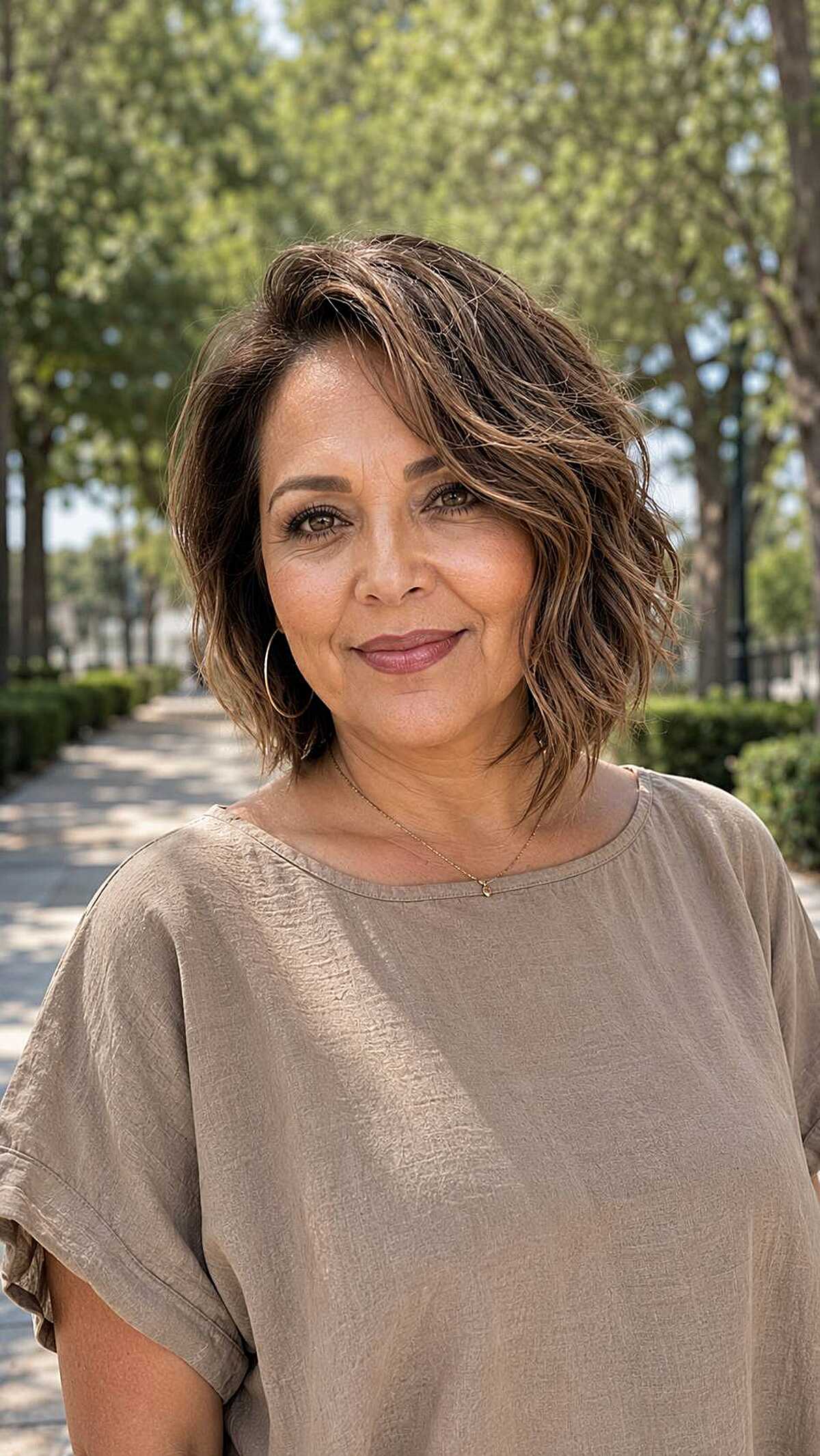 Tousled chin-length chocolate bob with caramel highlights