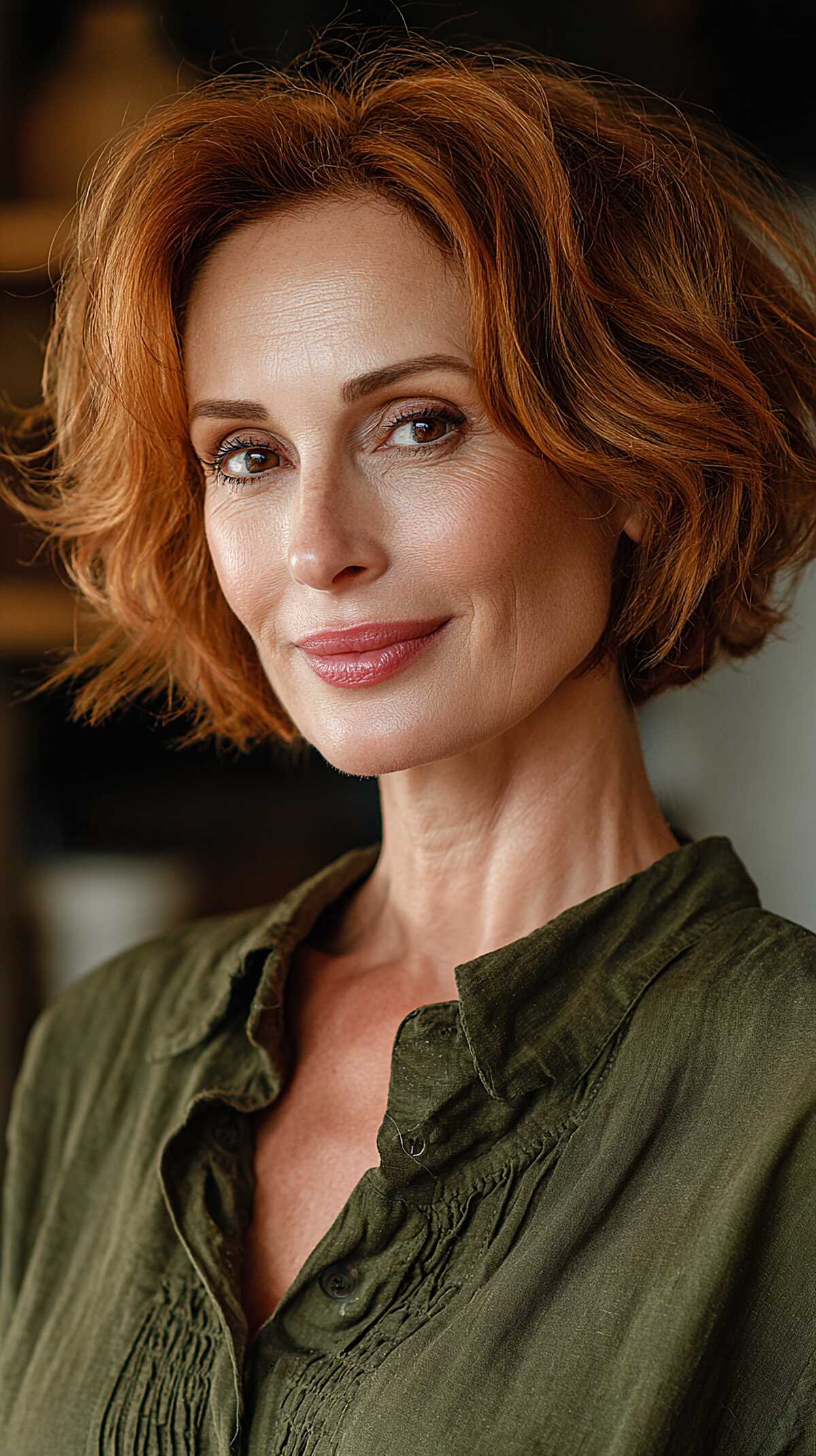 Tousled Copper Bob with a Lived-In Side Part