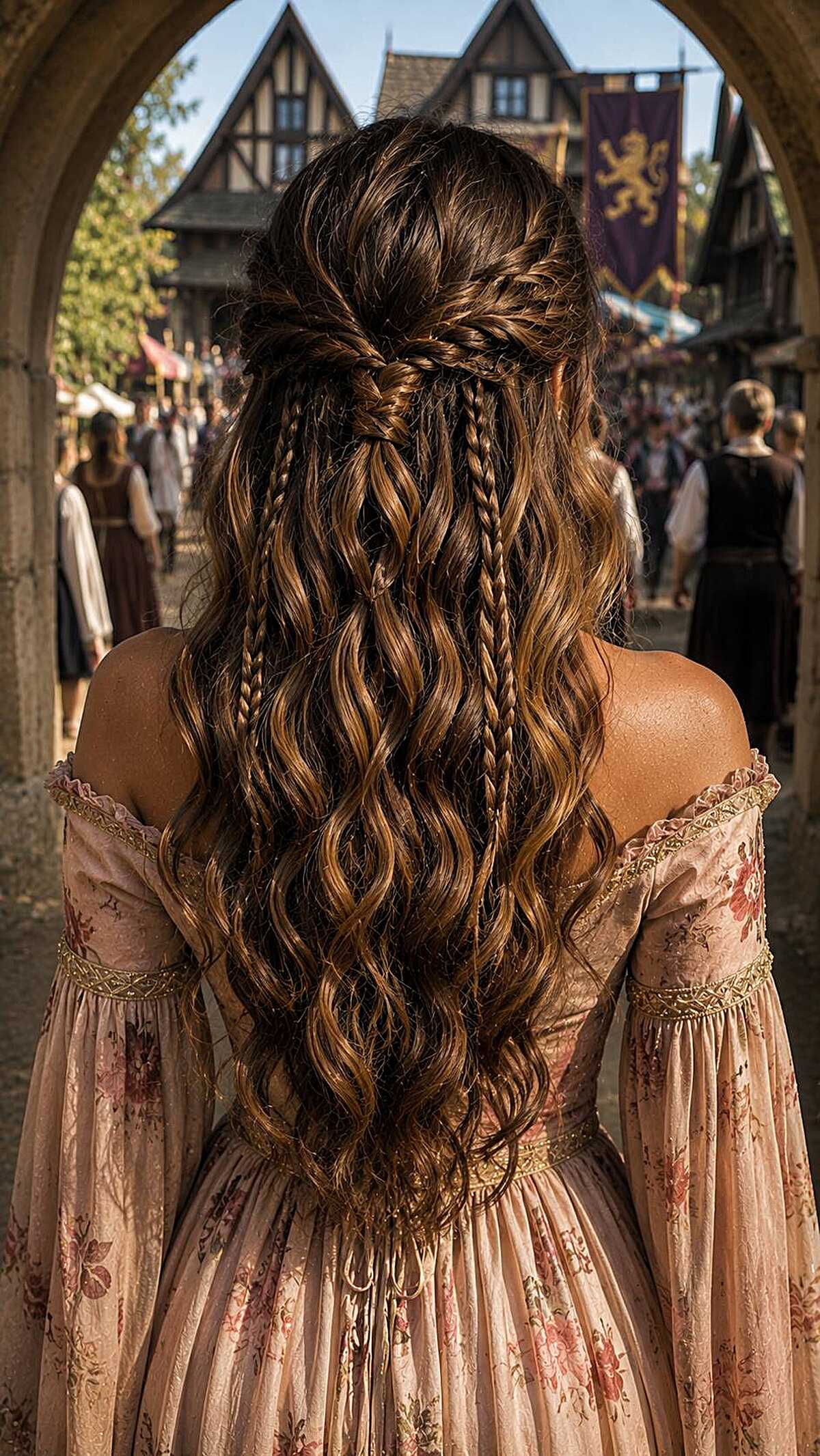 Brown half-up twisted style with thin braids and curls