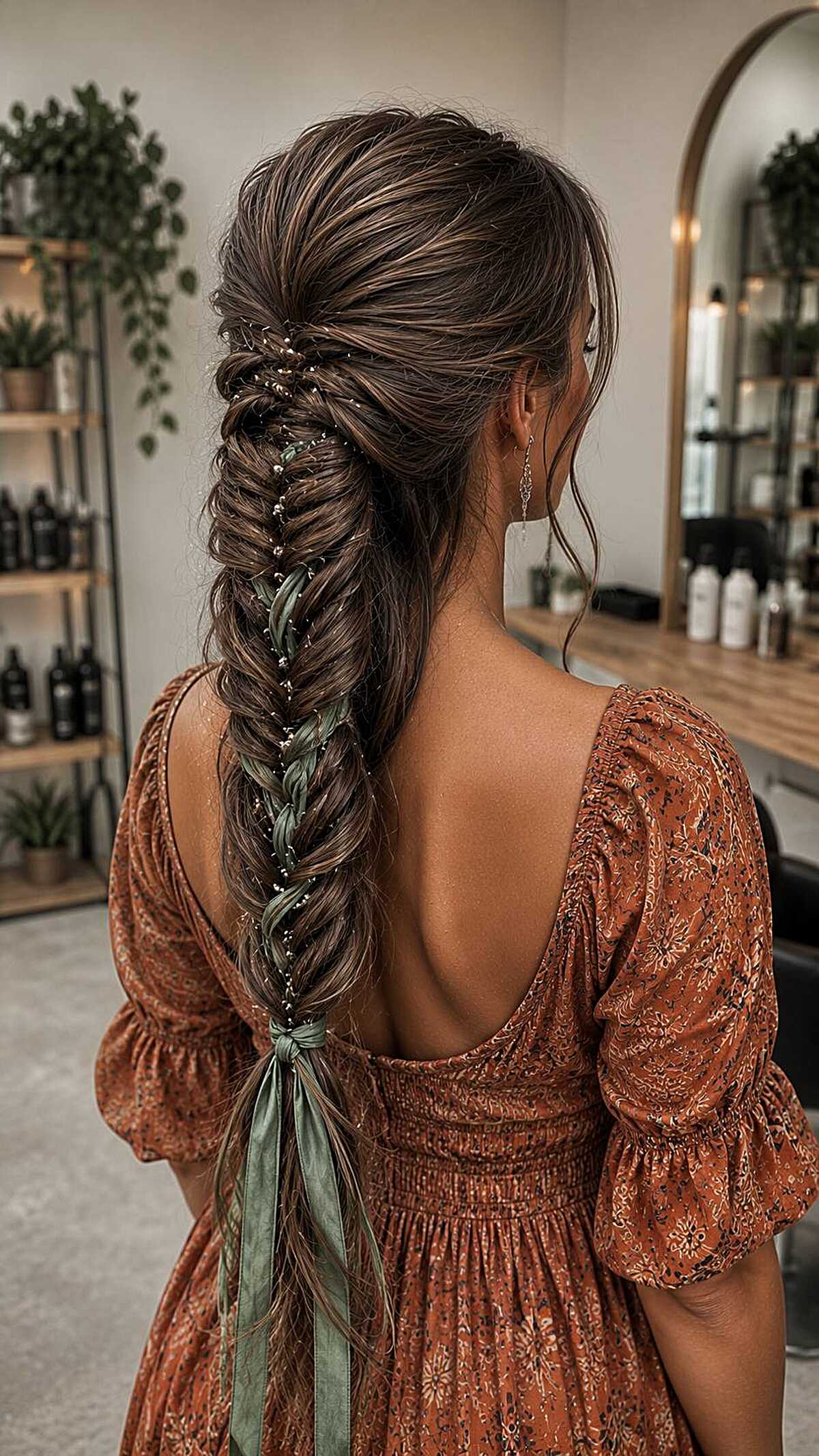 Long brunette fishtail braid with greenery and ribbon