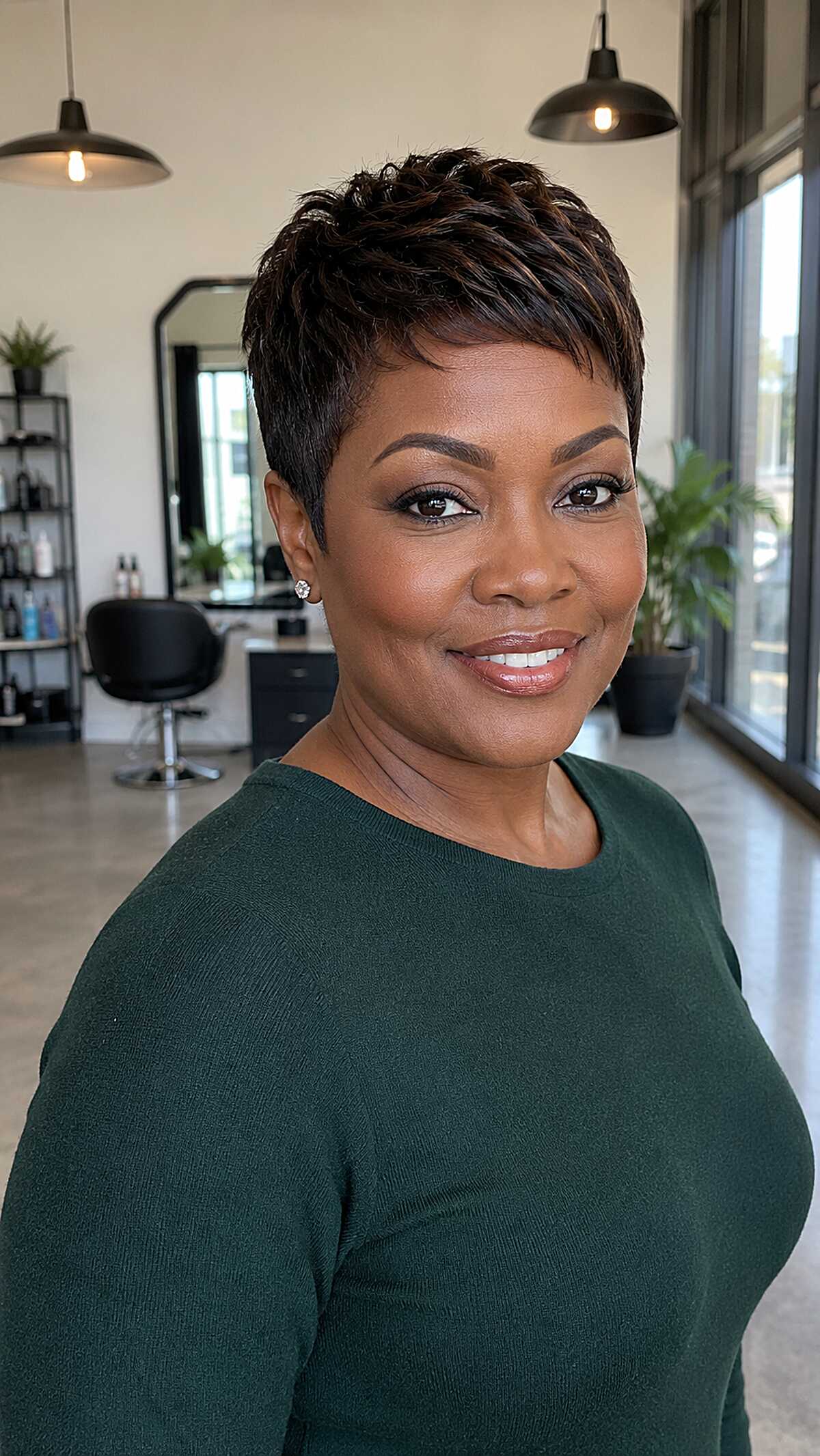 Warm black sculpted pixie with finger waves on top
