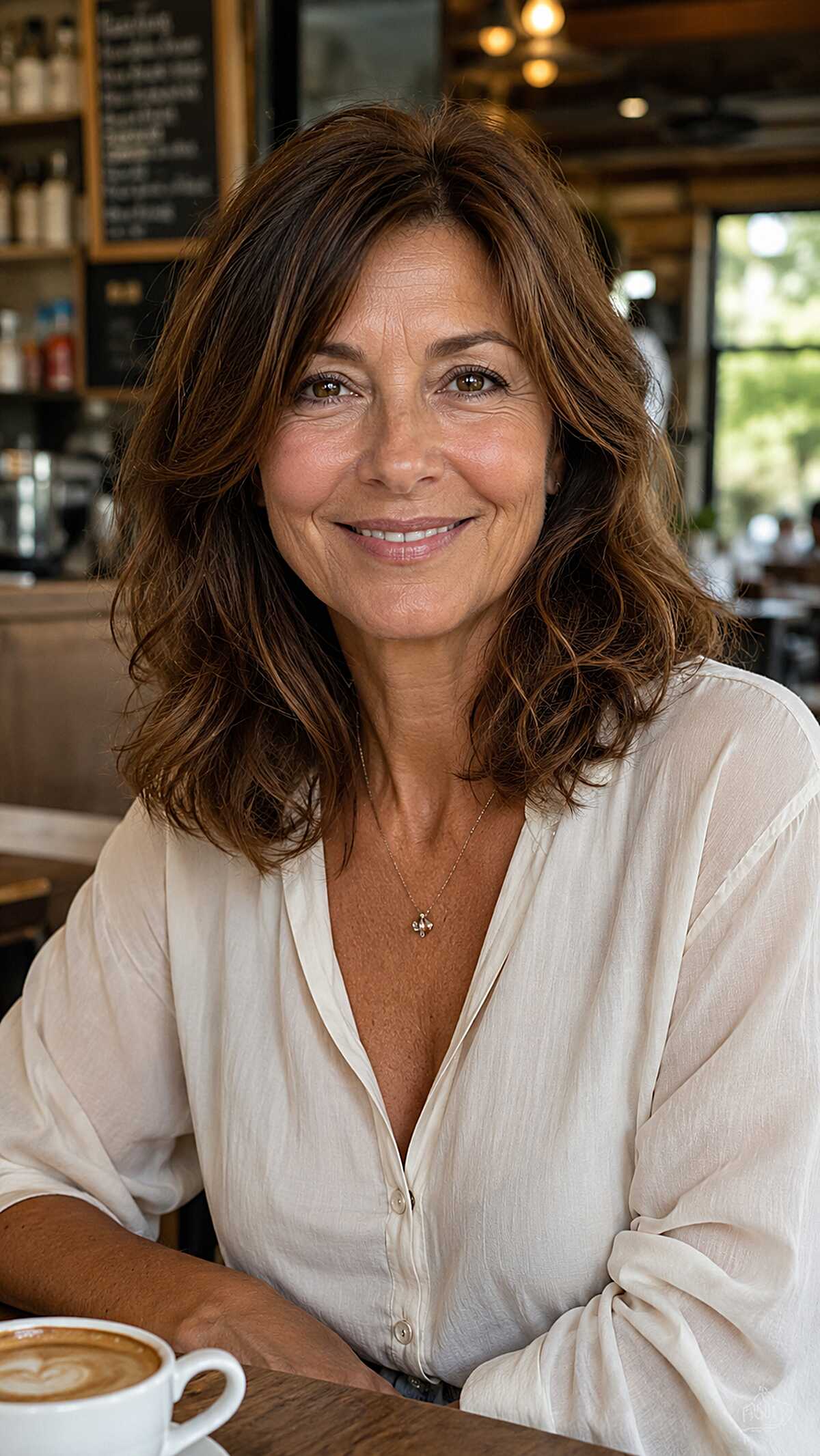 Warm Brunette Collarbone Waves with Curtain Fringe