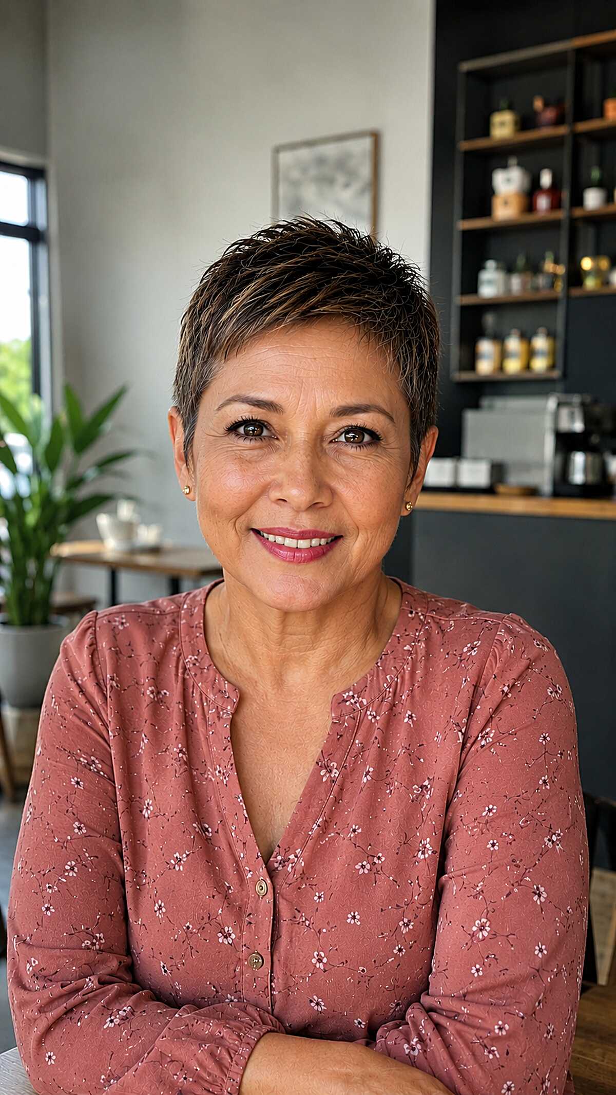 Warm brunette feathered short pixie on woman over 50