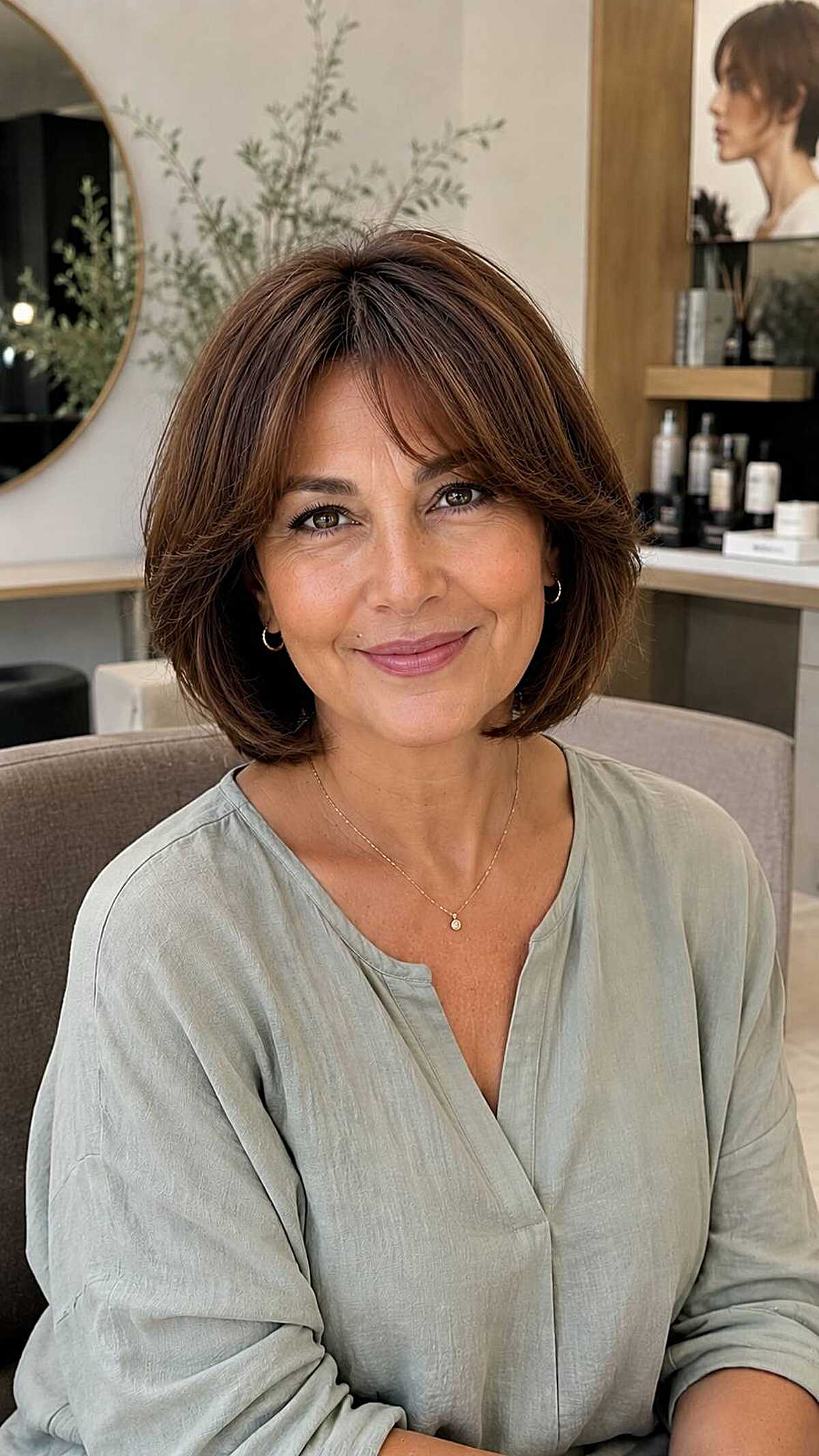 Chin-length chestnut bob with soft side-swept bangs