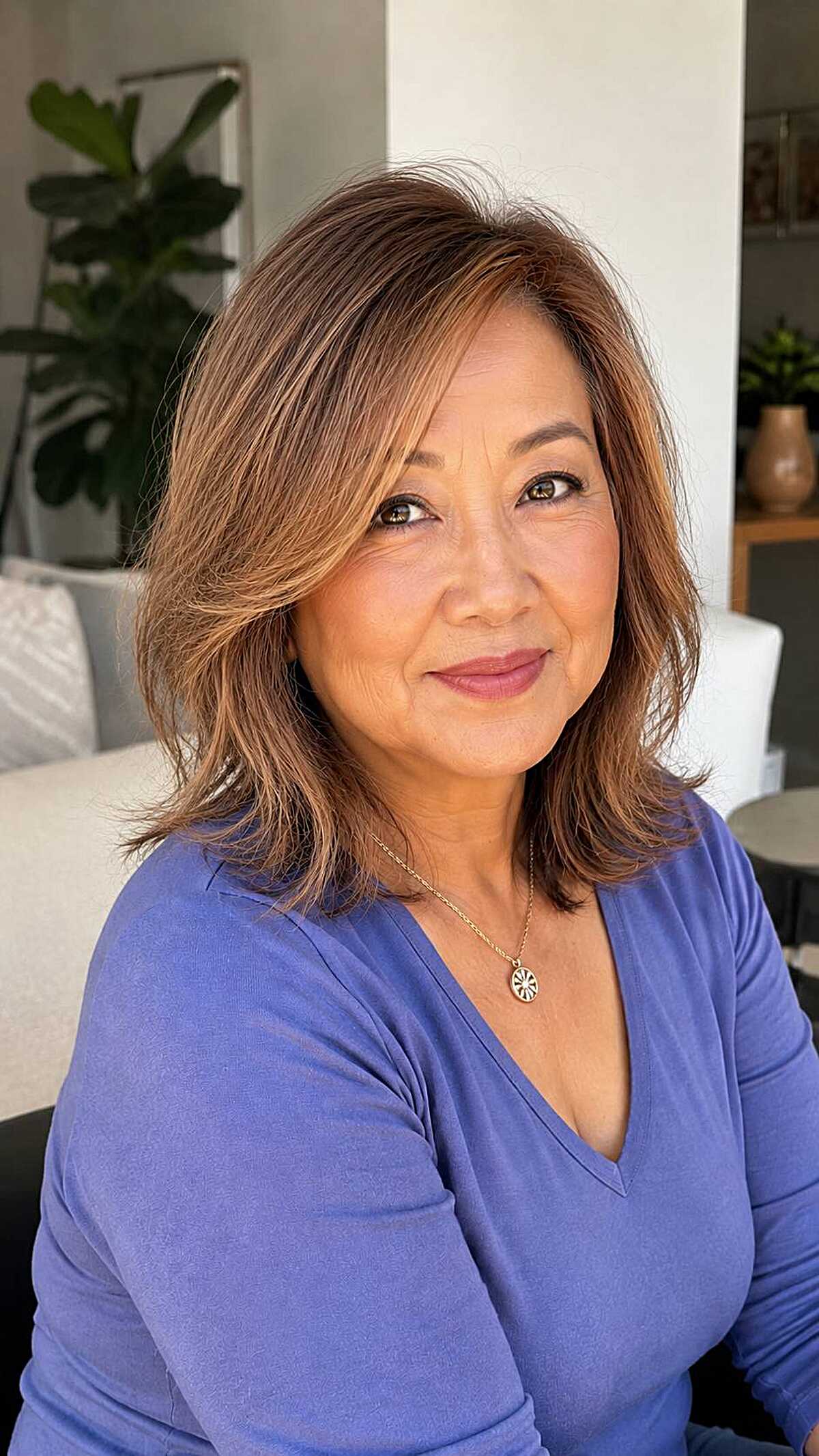 Medium-length copper auburn hair with layered movement