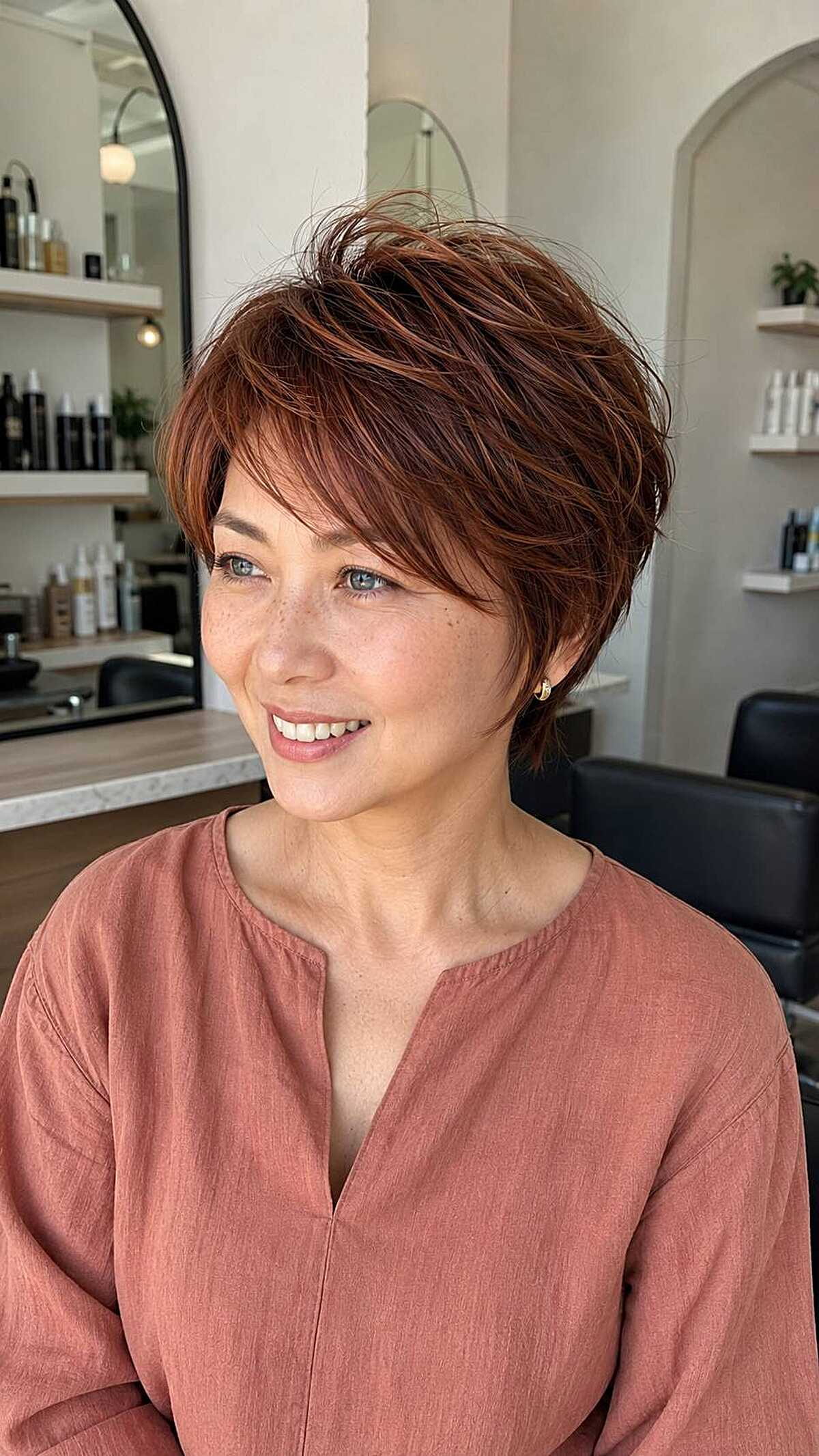 Short layered pixie in warm copper tones on woman over 50