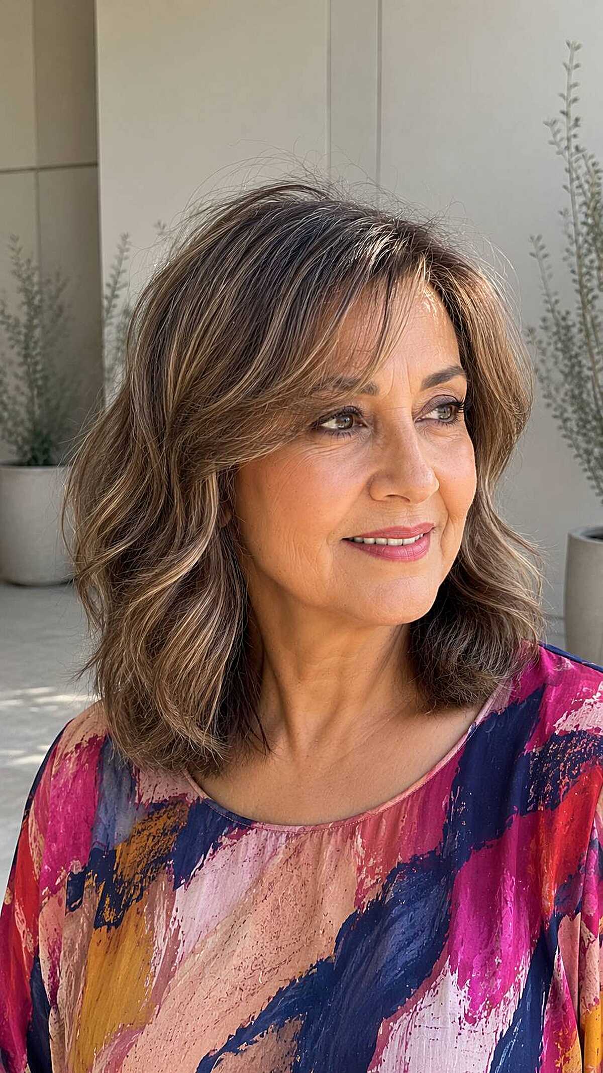 Medium wavy brunette with warm highlights and bangs
