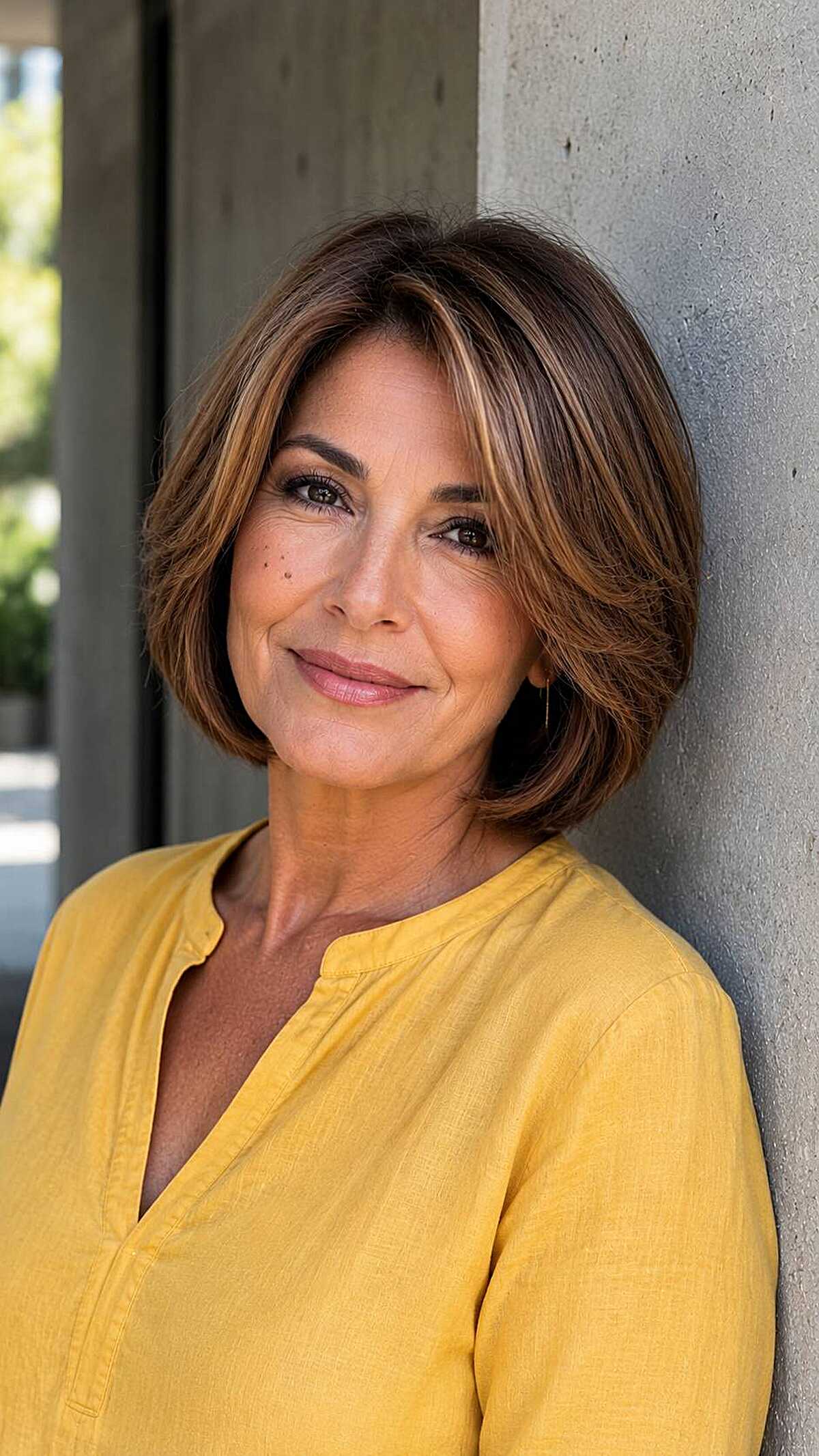 Chin-length brunette bob with caramel highlights