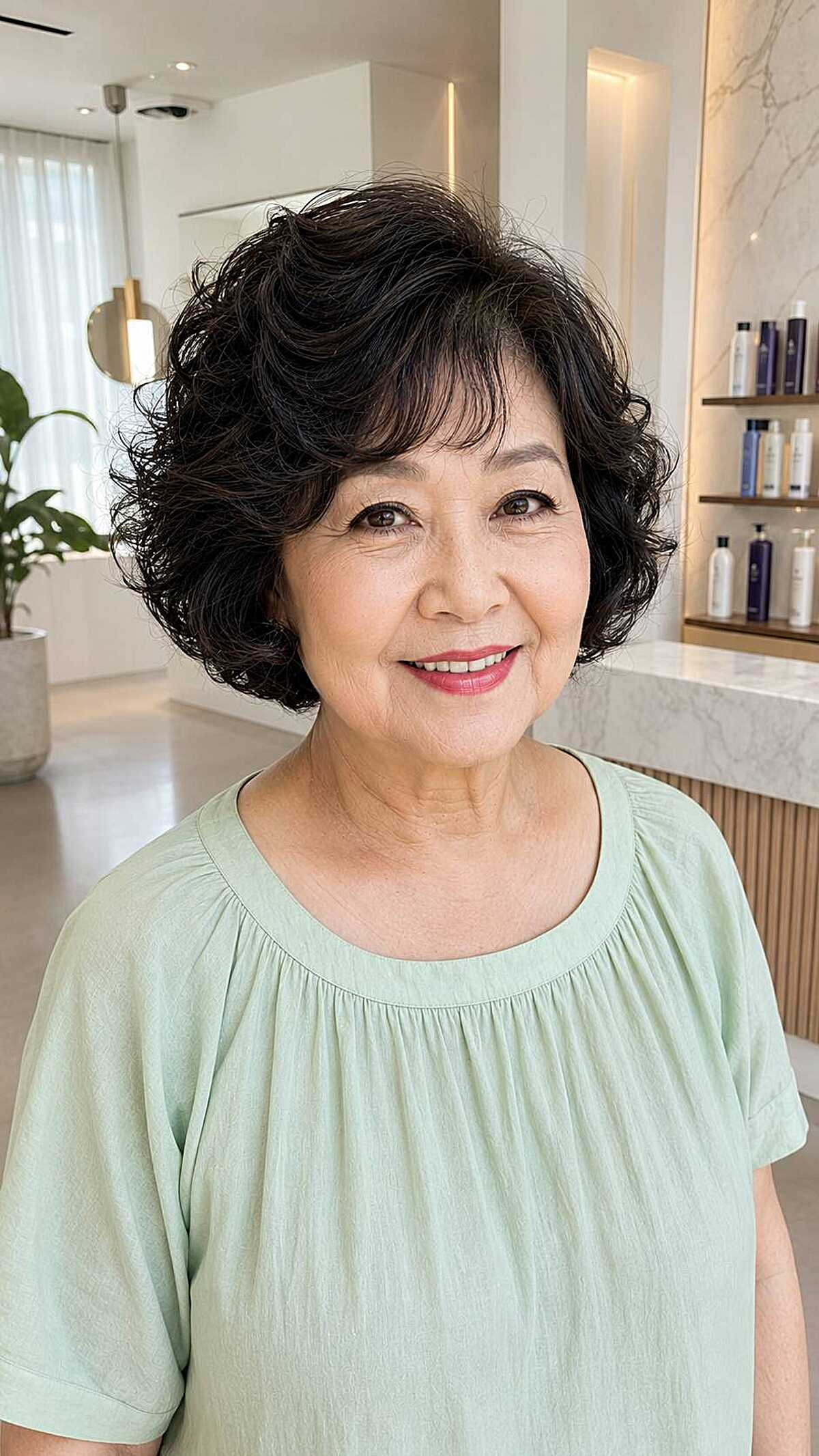 Short wavy black bob with soft volume and layers