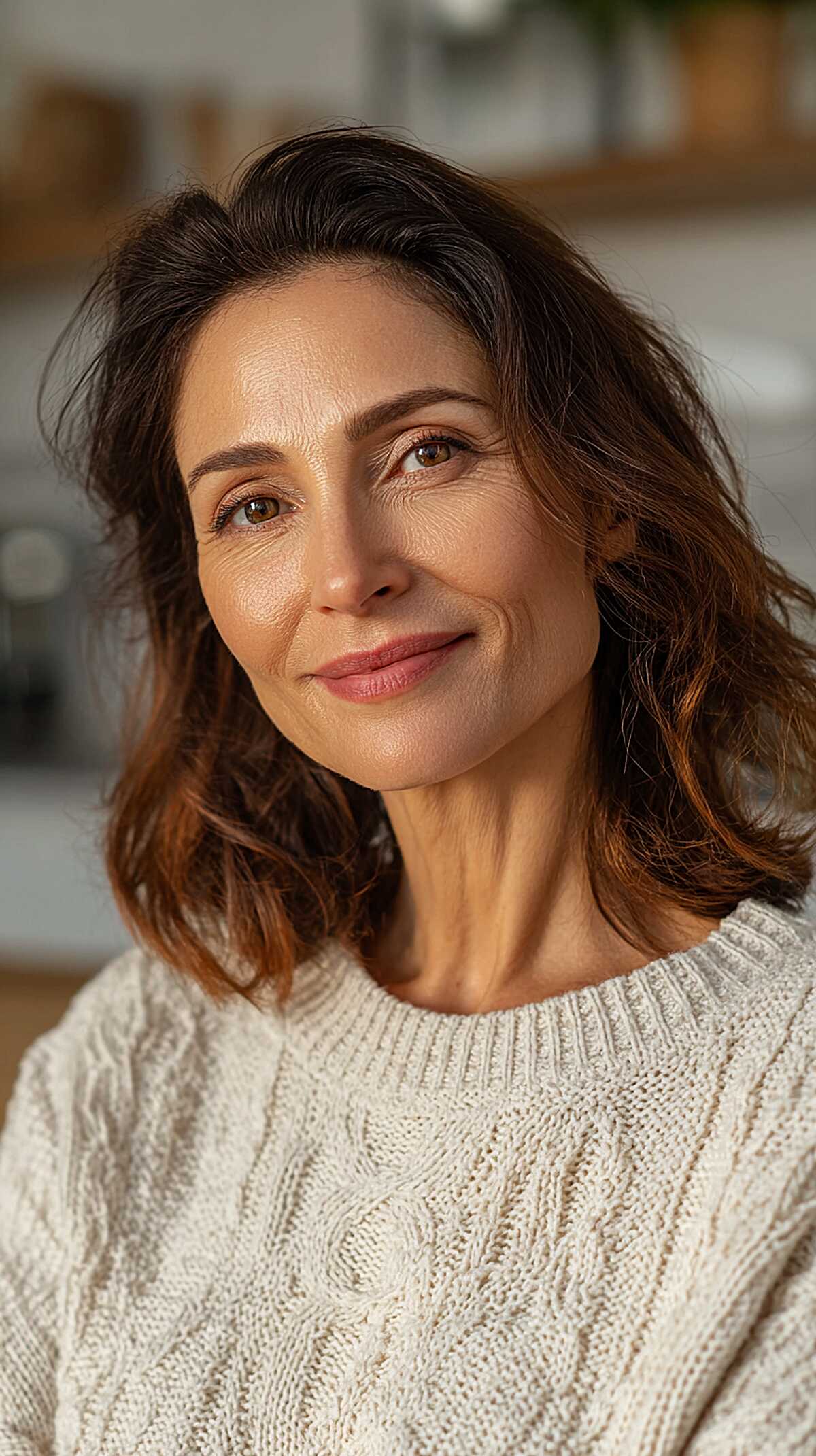 Wavy Dark Brunette Collarbone Cut with Subtle Warm Underlighting
