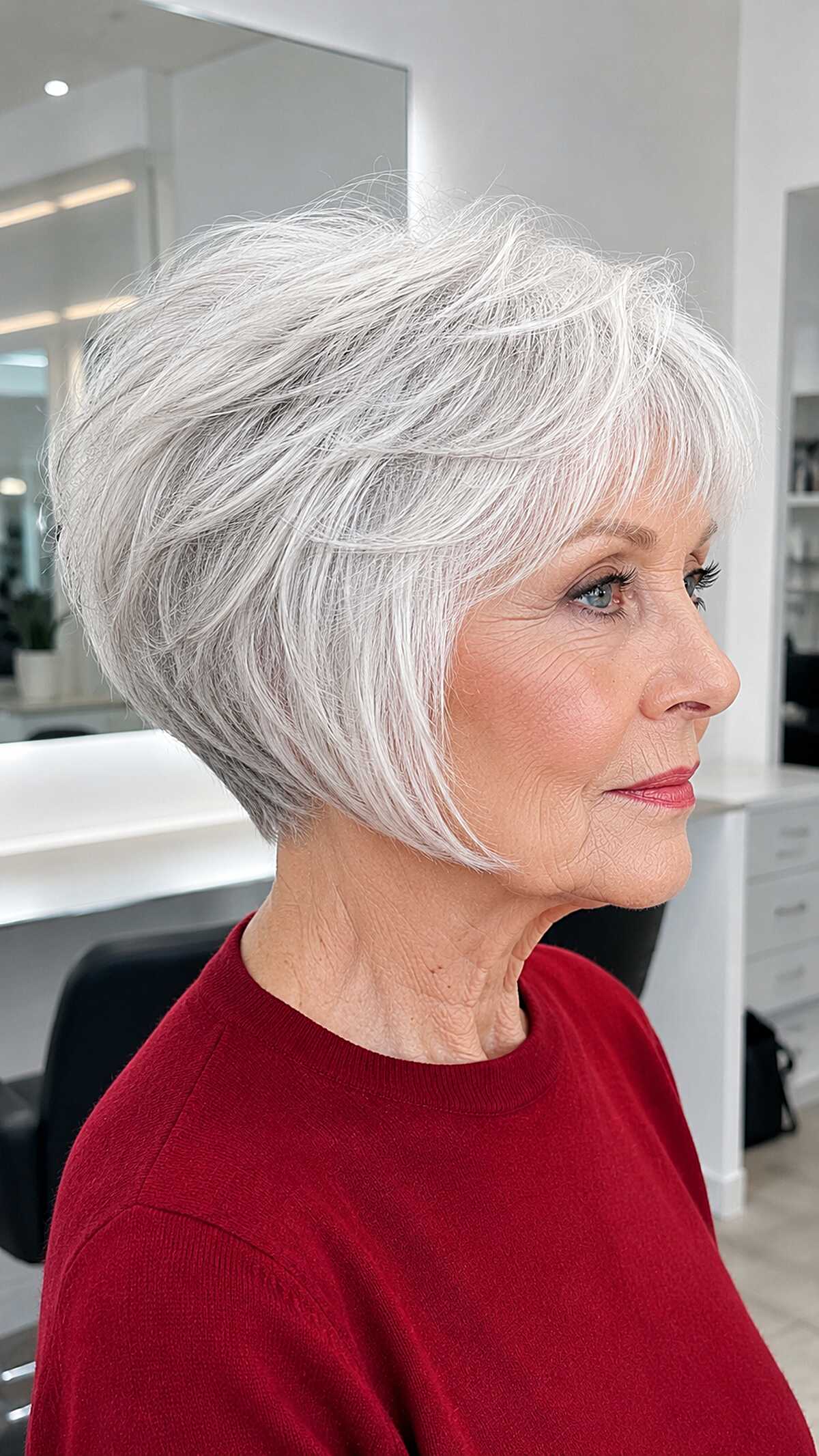 Short white silver layered A-line bob with volume