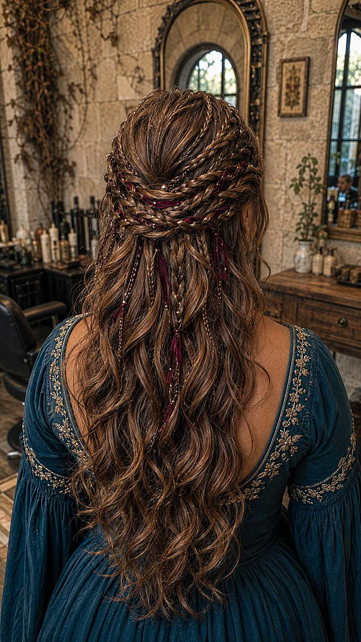 Brown half-up braided style with crimson ribbon accents