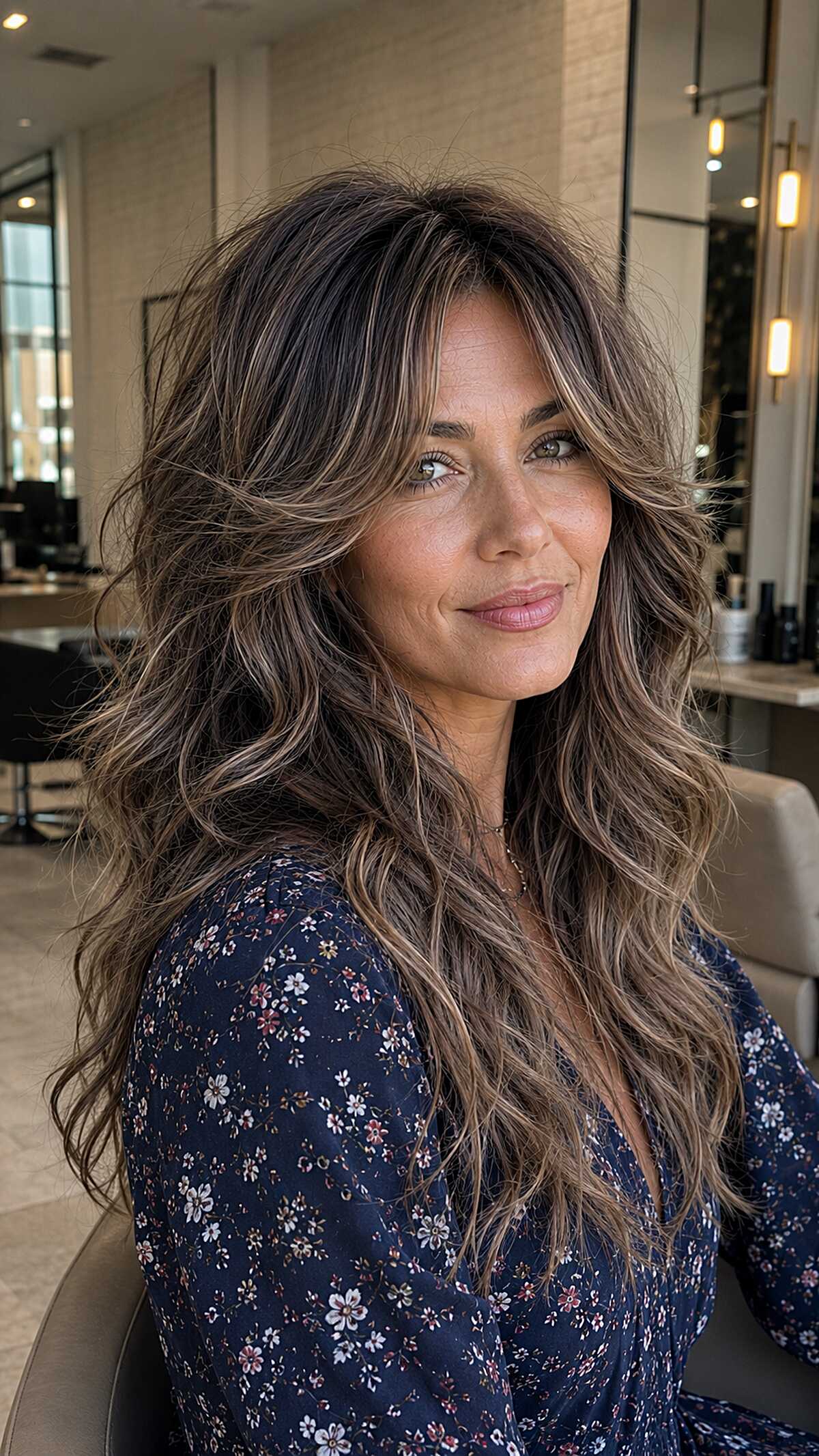 Dark brunette Allie cut with cool-toned ashy highlights