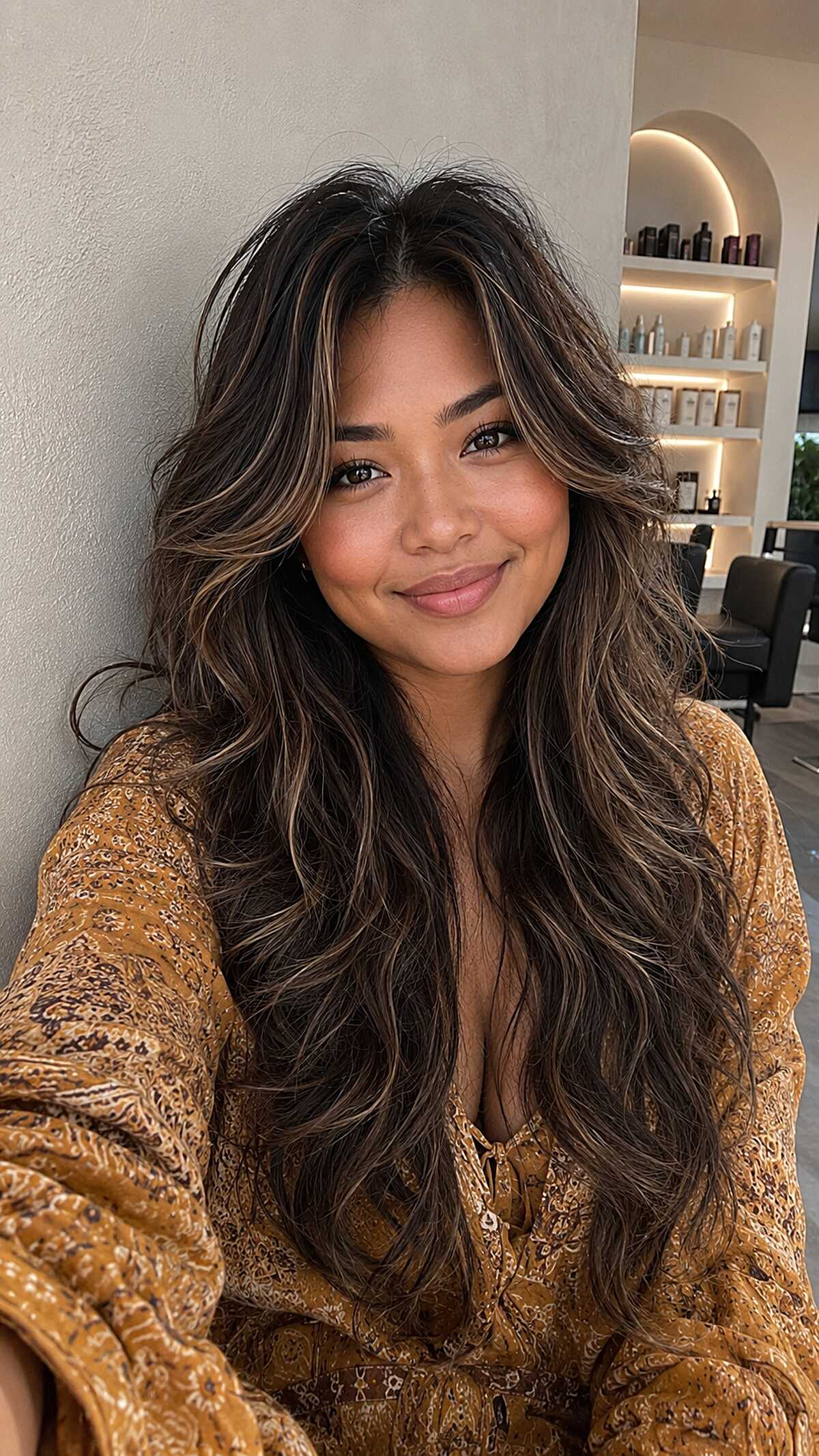 Long dark mocha Allie cut with warm subtle highlights