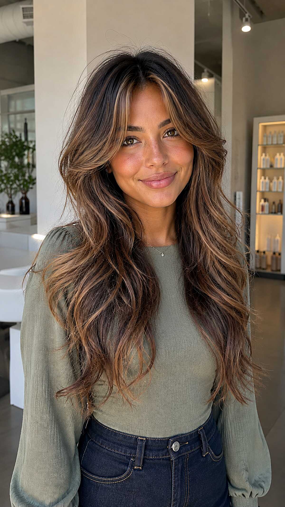 Polished brunette Allie cut with caramel curtain bangs