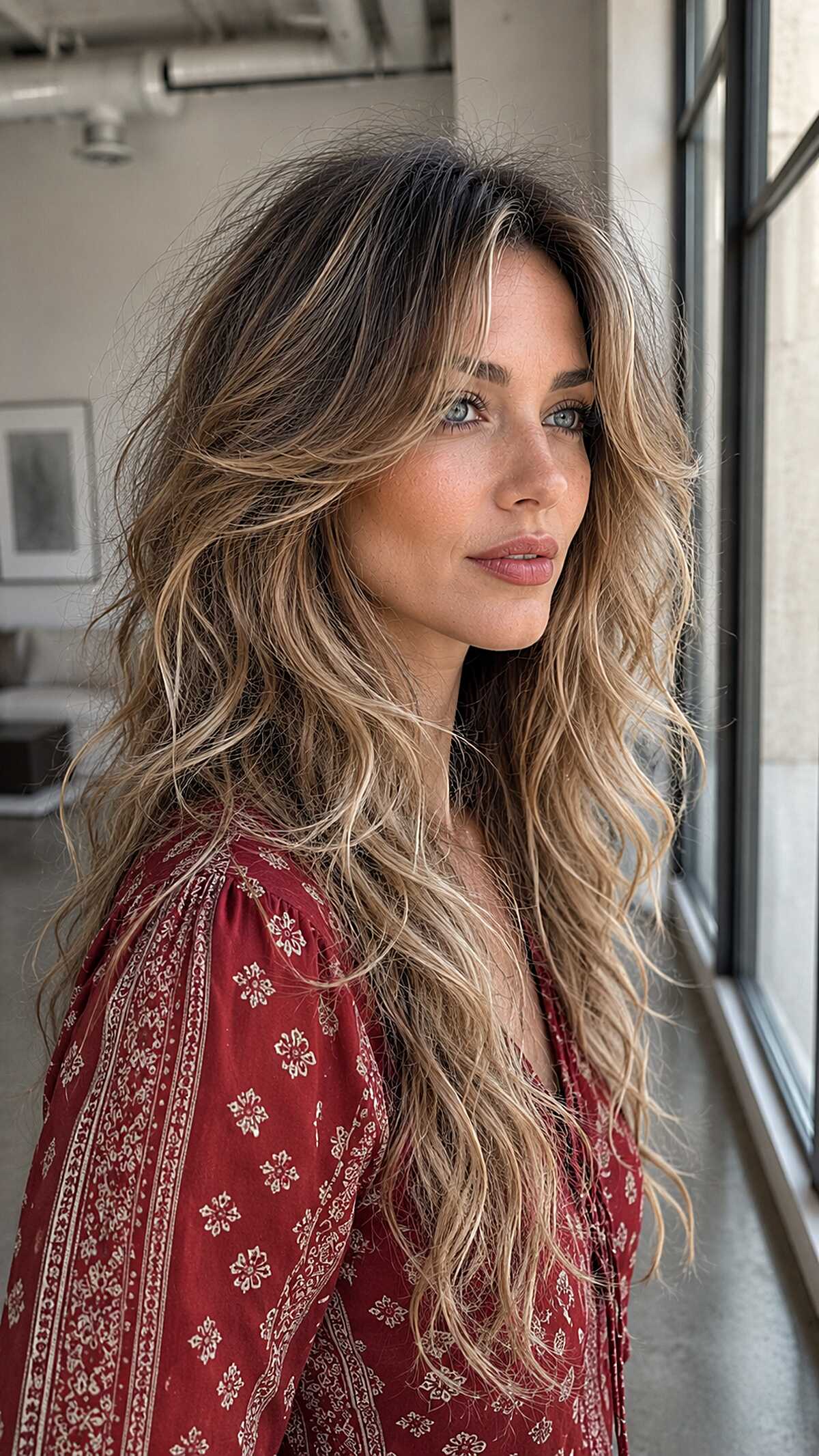 Rooted blonde Allie cut with tousled lived-in waves