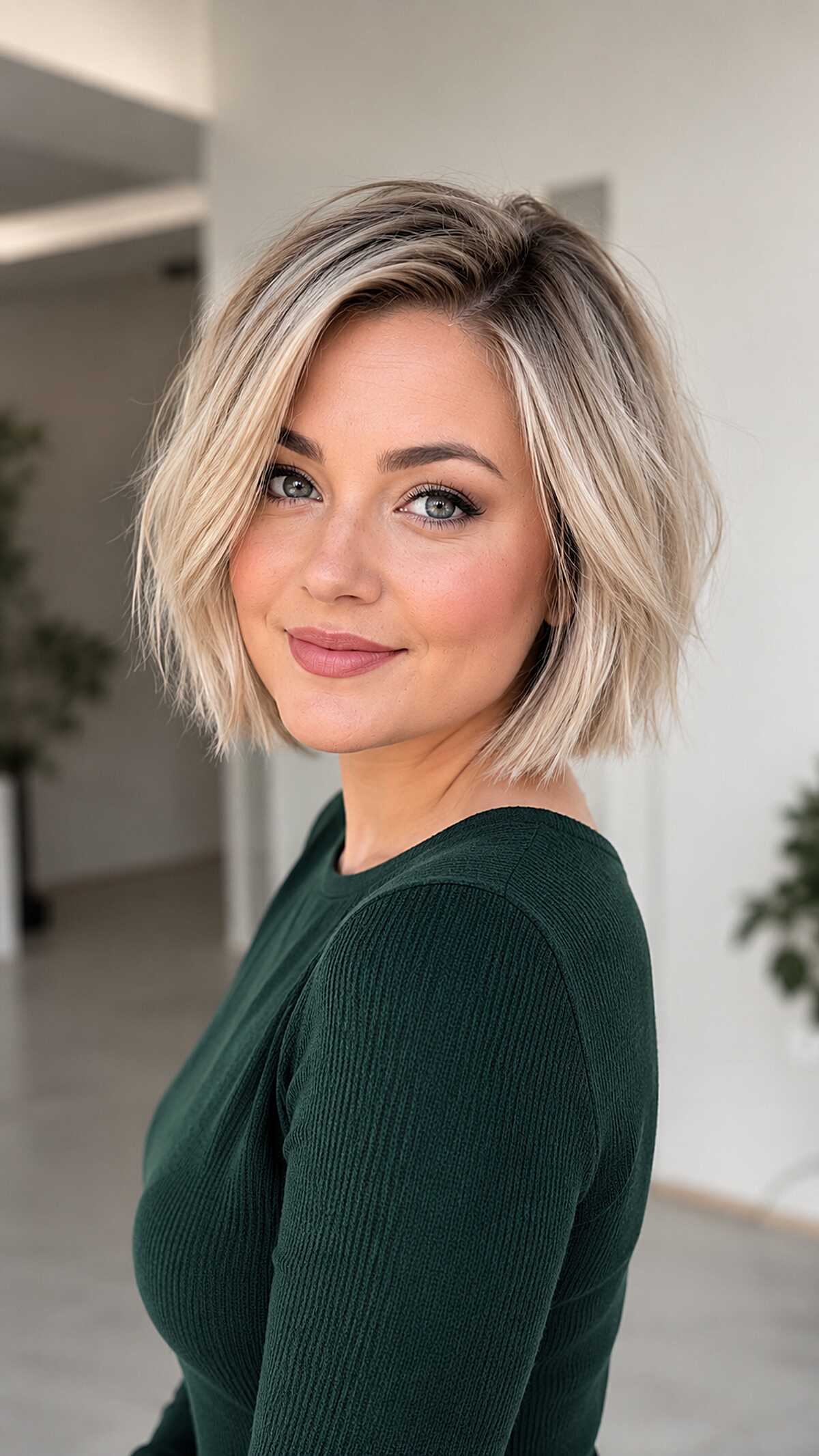 Ash blonde bob with dark root shadow and soft texture