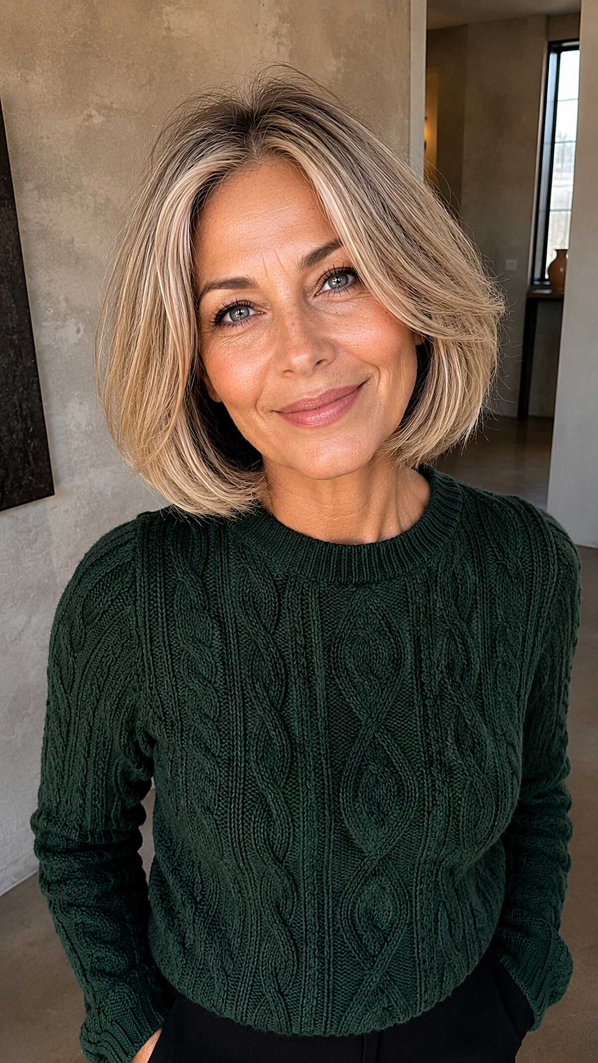 Sandy blonde bob with face-framing pieces and soft volume
