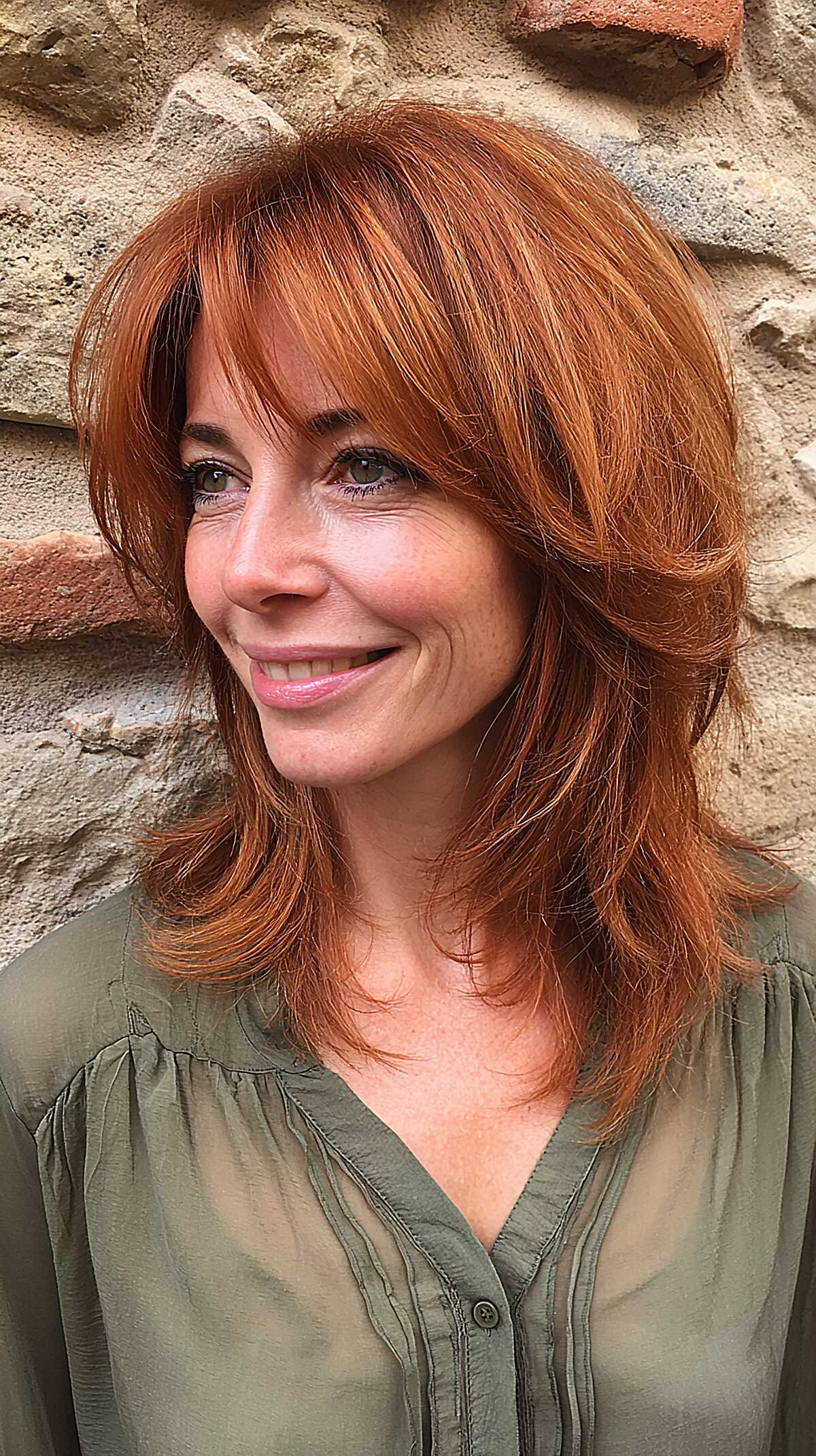 Bright Copper Shag with Full Fringe and Flicked-Out Layers