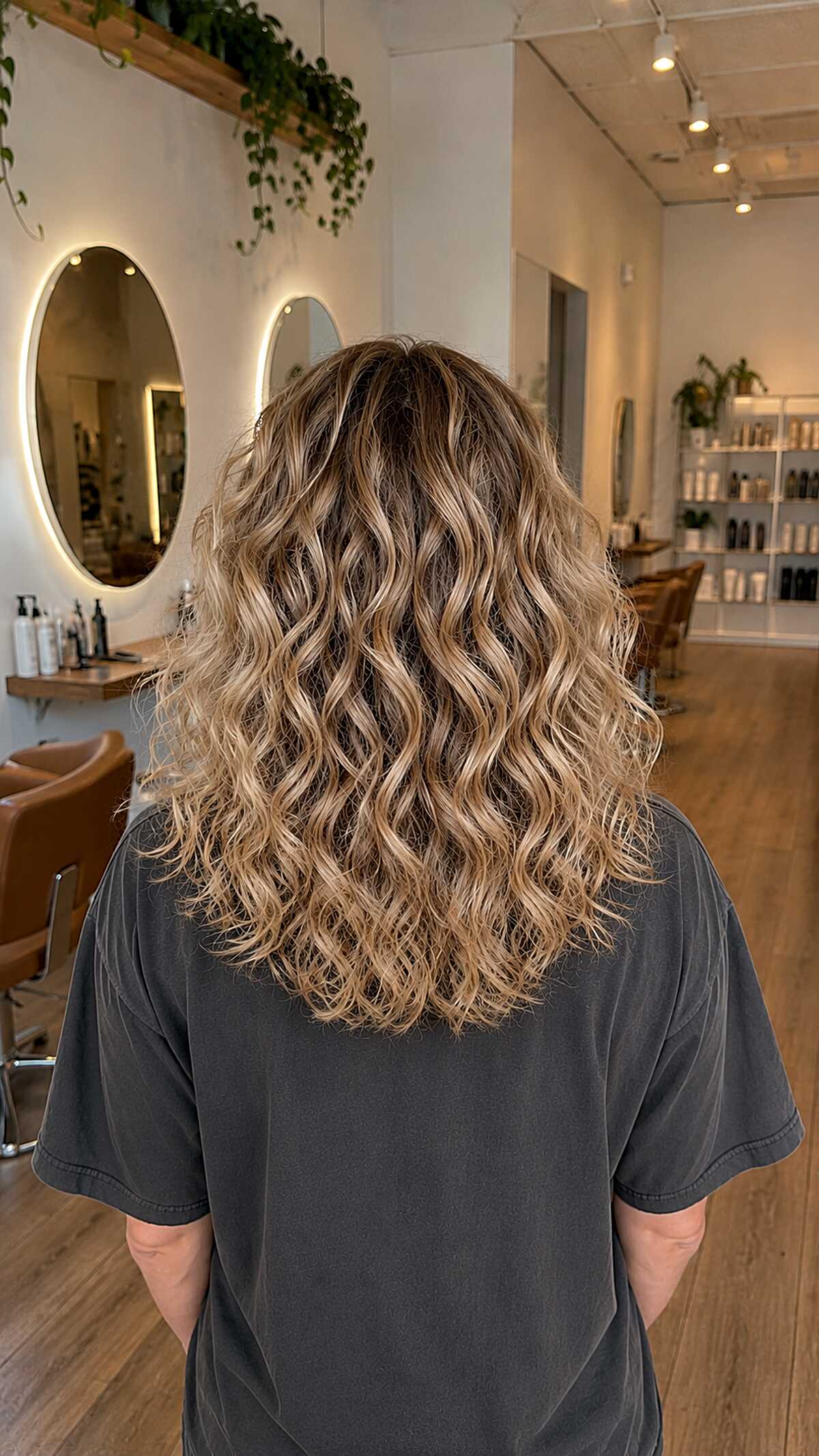 Medium wavy hair with bronde balayage and dark roots