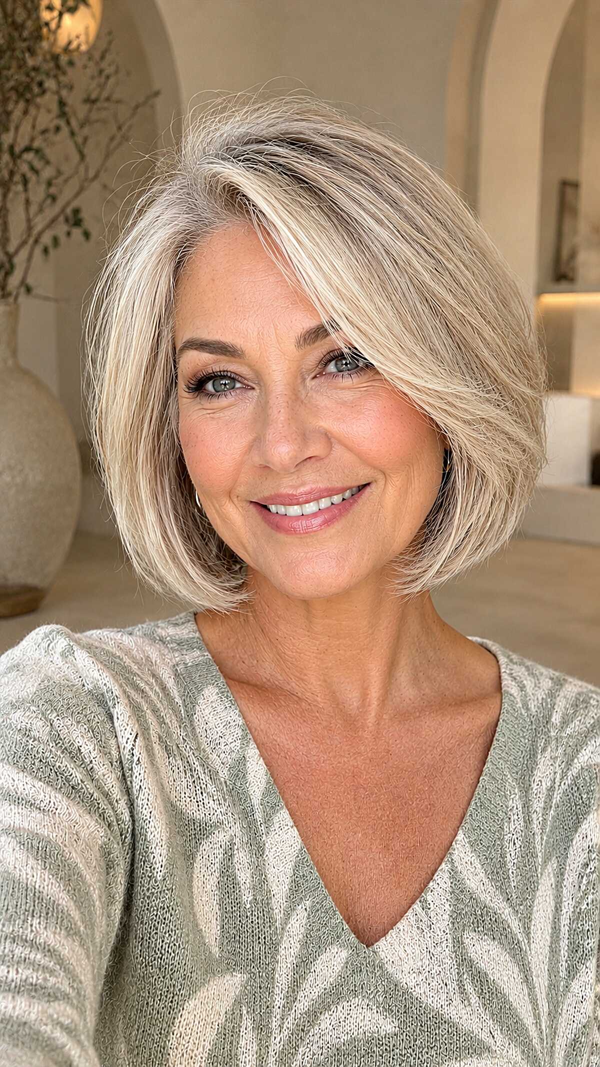 Champagne blonde bob with soft bend and side-swept bangs