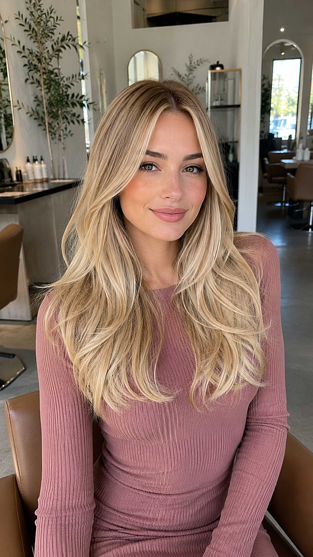 Long champagne blonde hair with face-framing highlights