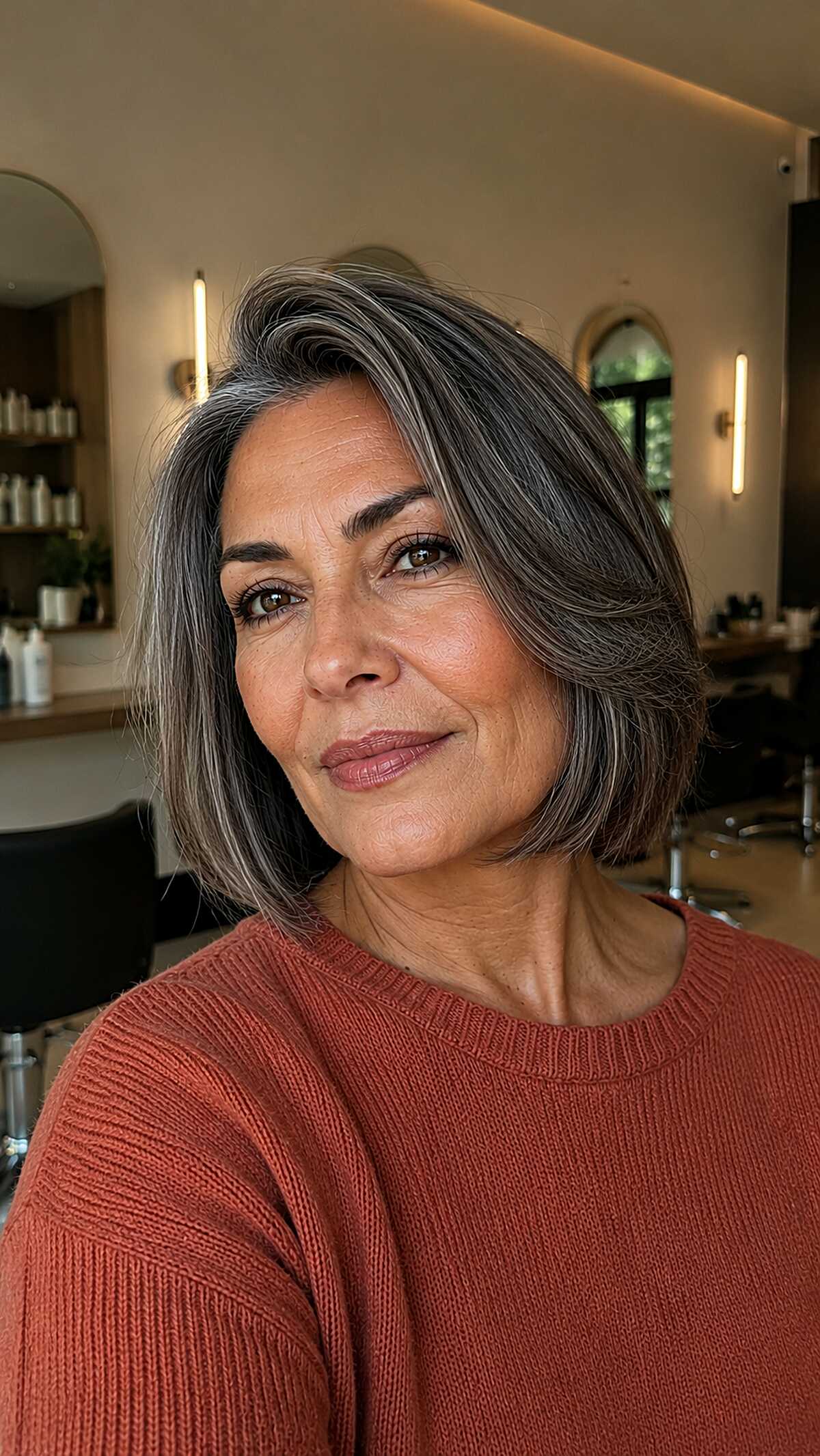 Dark gray bob with silver streaks and a deep side part