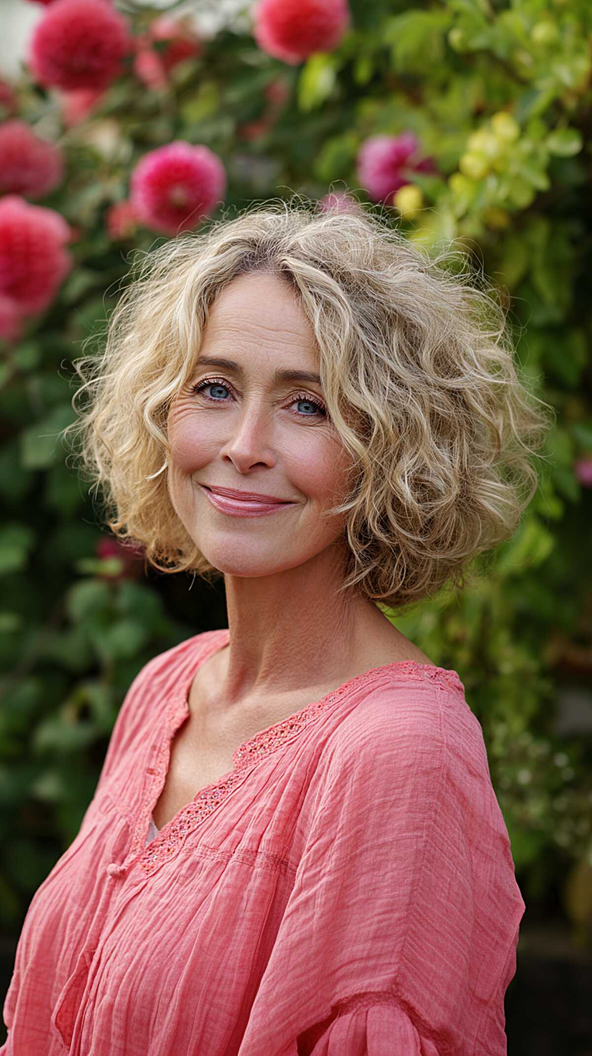 Chin-Length Blonde Curls with Silver Threading and Soft Shape