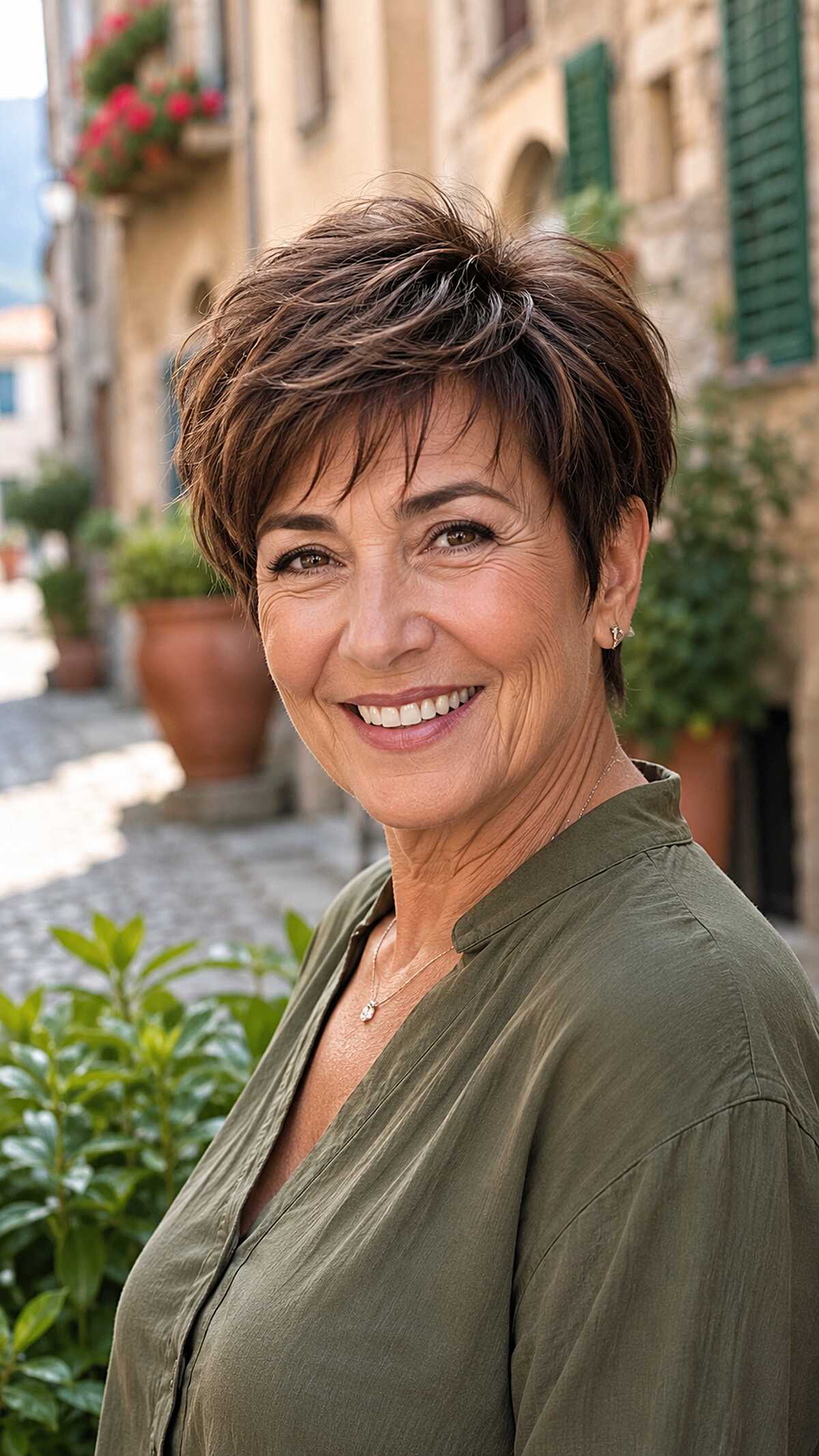 Choppy Chocolate Brown Pixie with Windswept Texture