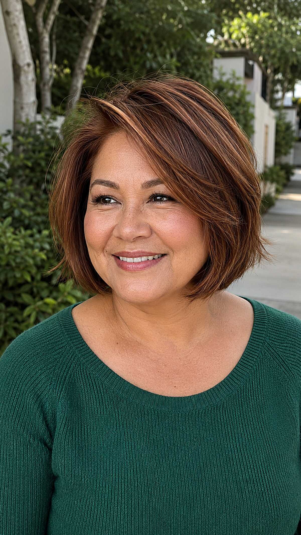 Cinnamon brown stacked bob with caramel highlights