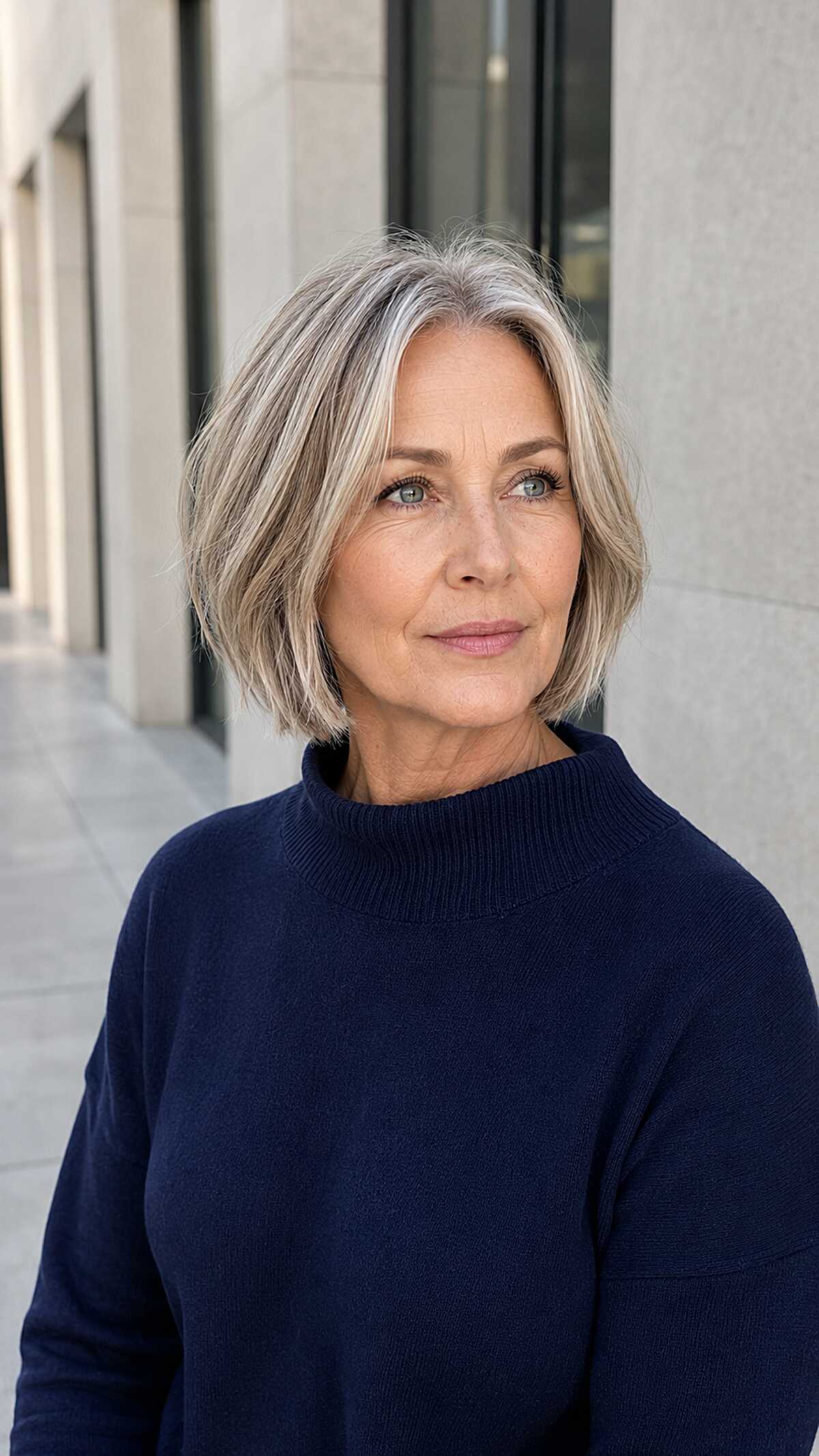 Ash blonde and silver bob tucked behind the ear